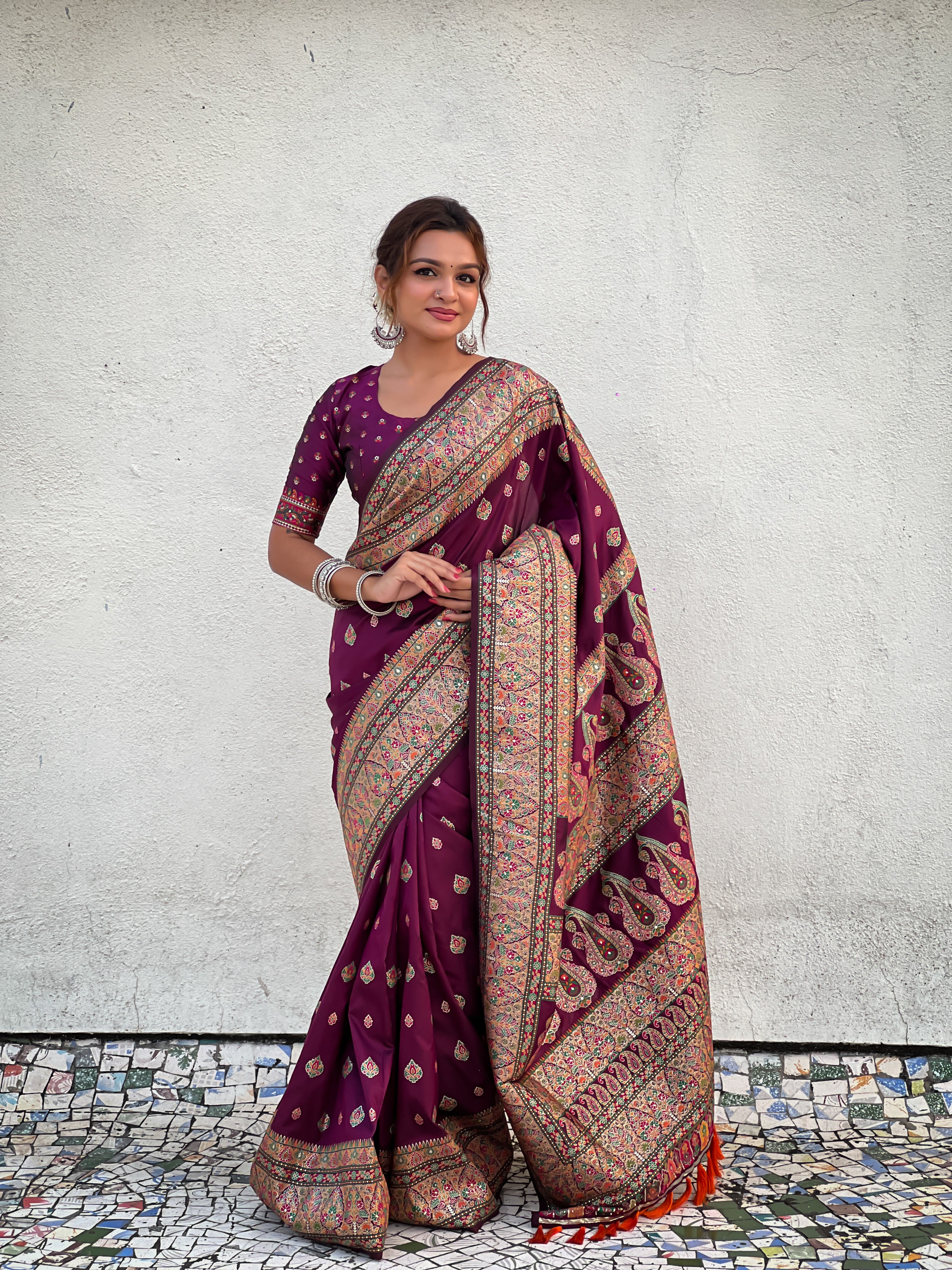 WINE BANARASI SILK BLEND SAREE