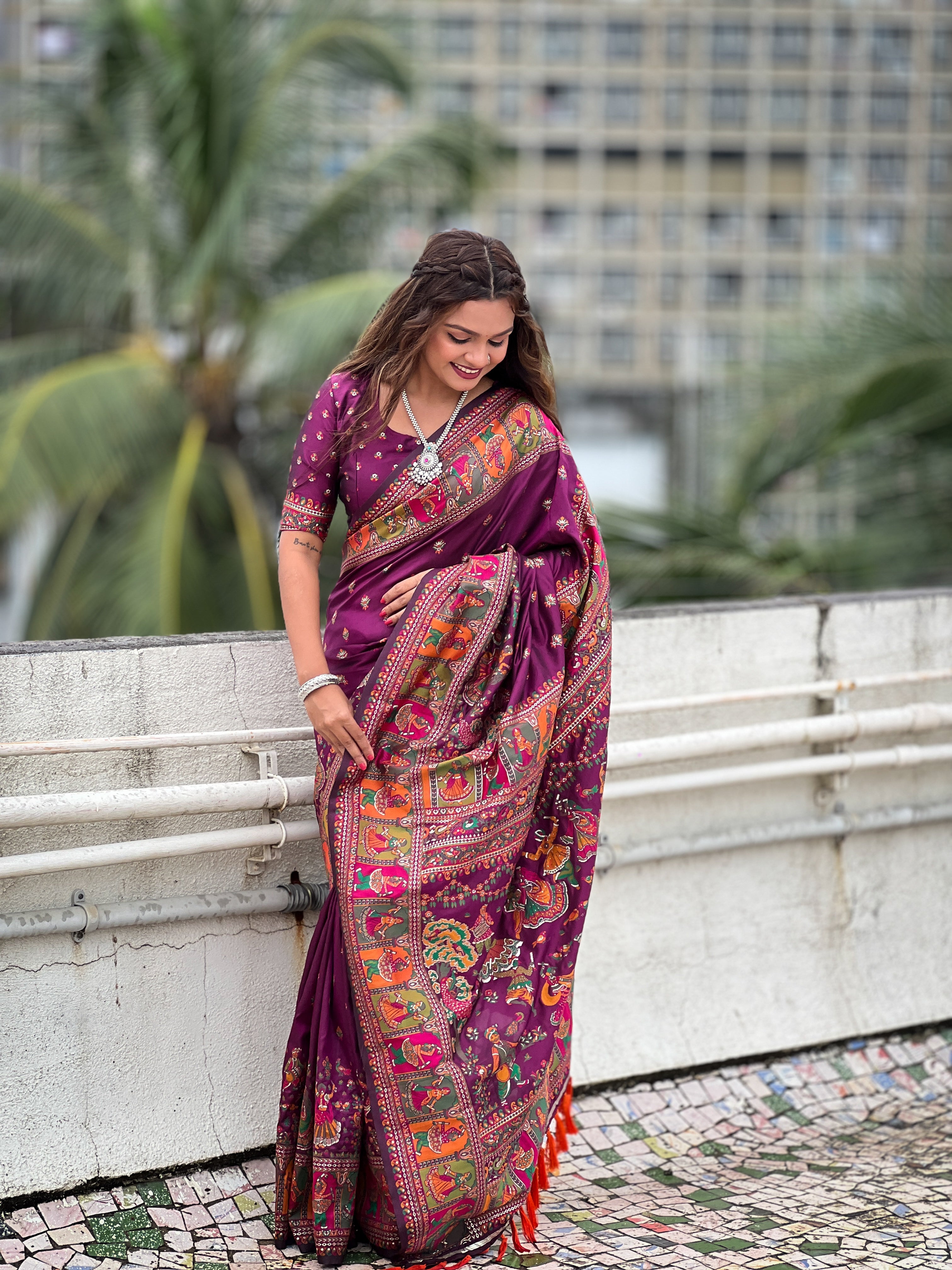 WINE BANARASI SILK BLEND SAREE