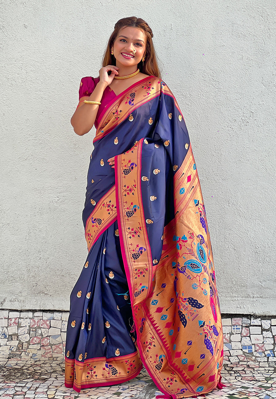 NAVY BANARASI SILK BLEND SAREE