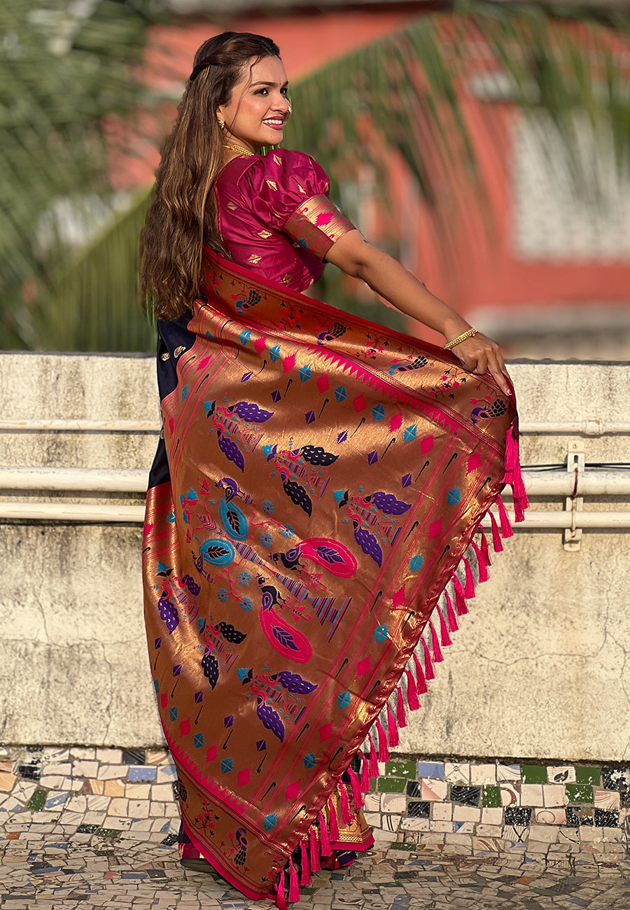 NAVY BANARASI SILK BLEND SAREE