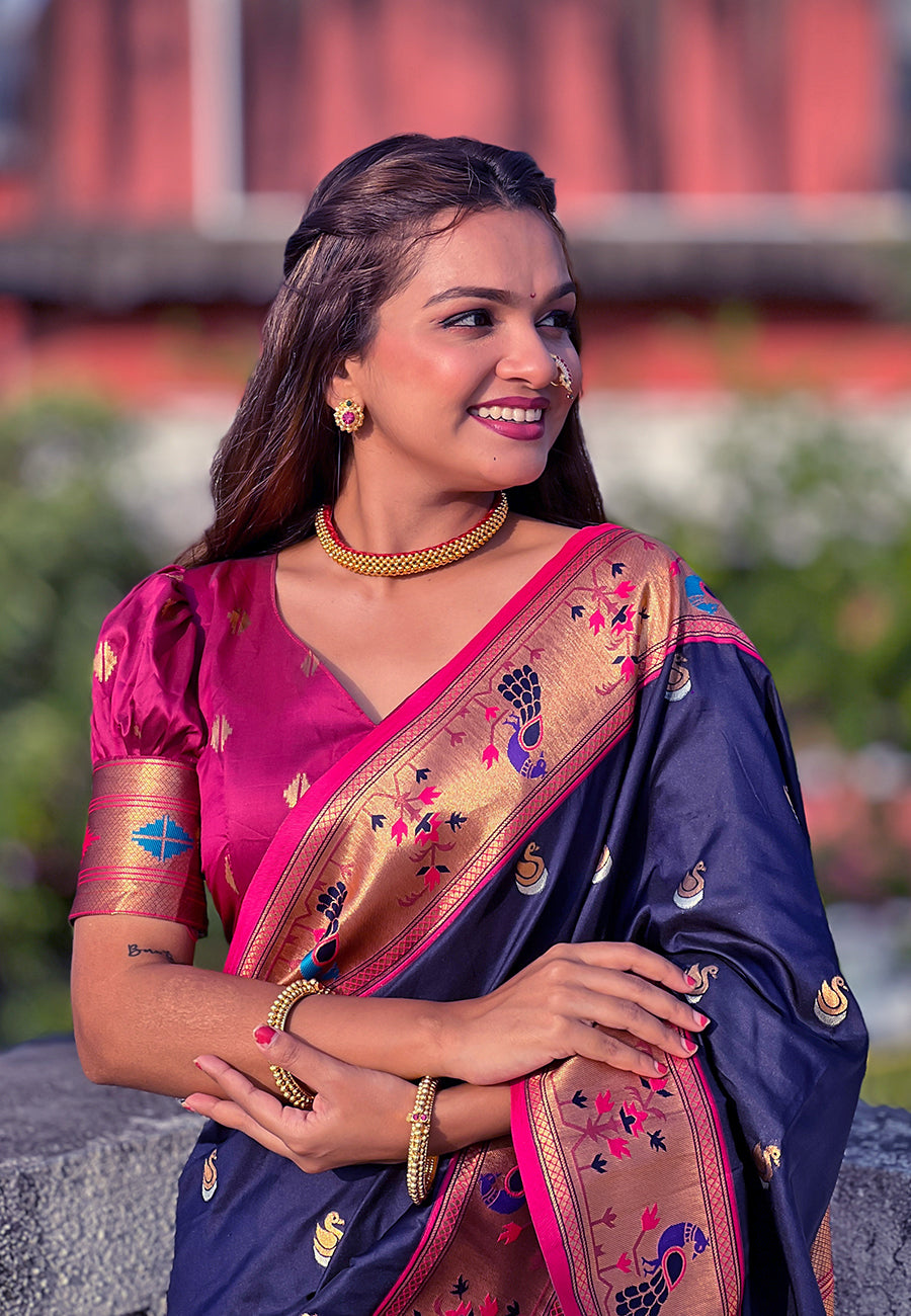 NAVY BANARASI SILK BLEND SAREE