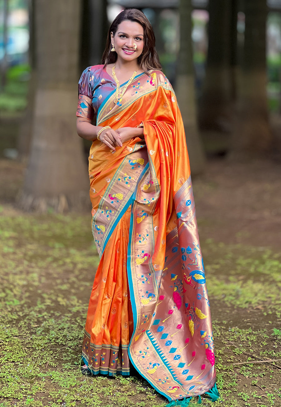 ORANGE BANARASI SILK BLEND SAREE