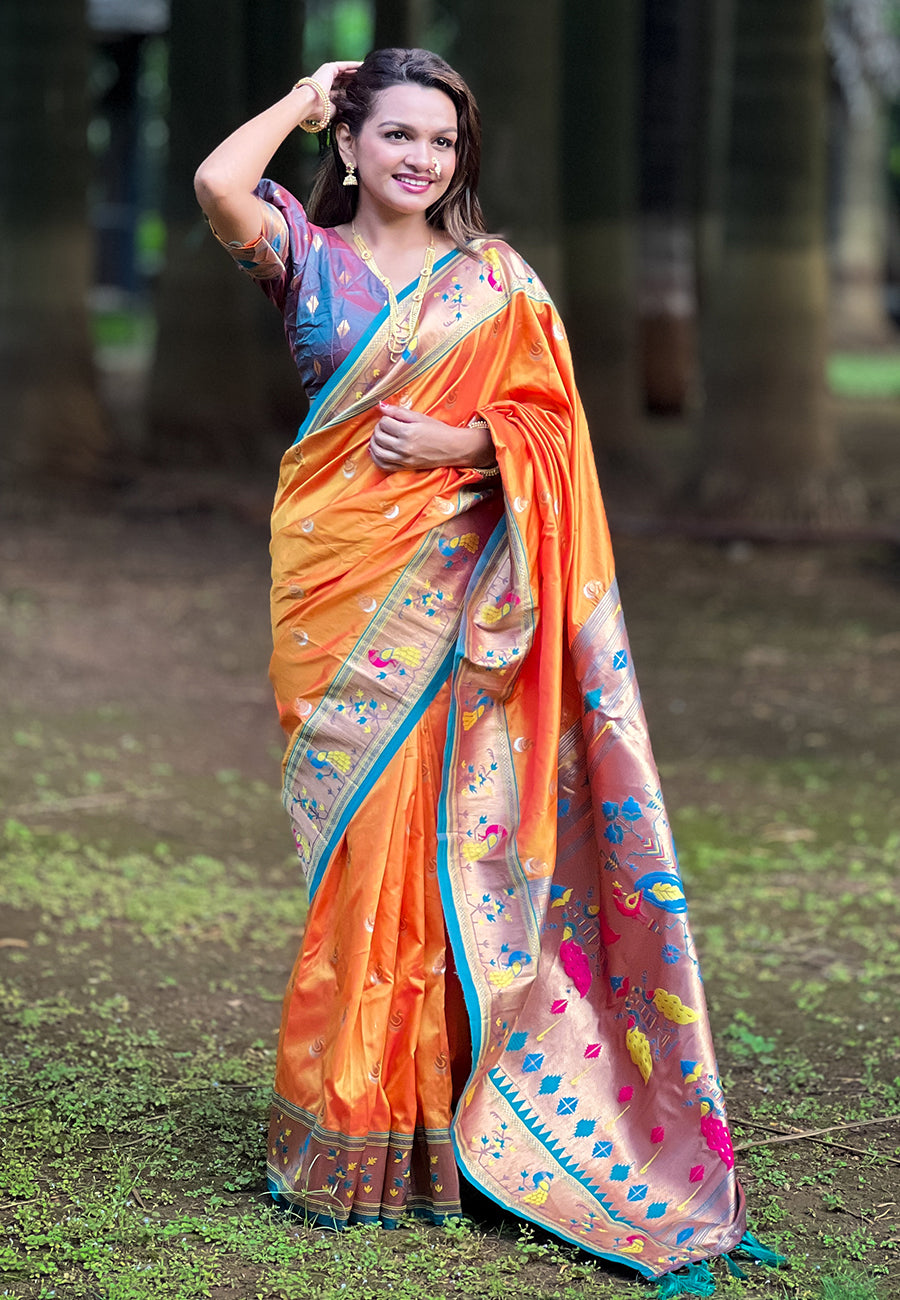 ORANGE BANARASI SILK BLEND SAREE