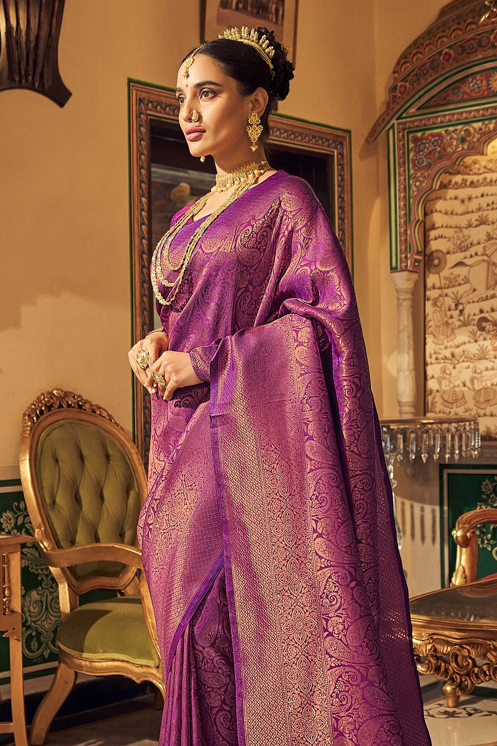 Purple Soft Handloom Weaving silk with Copper Zari