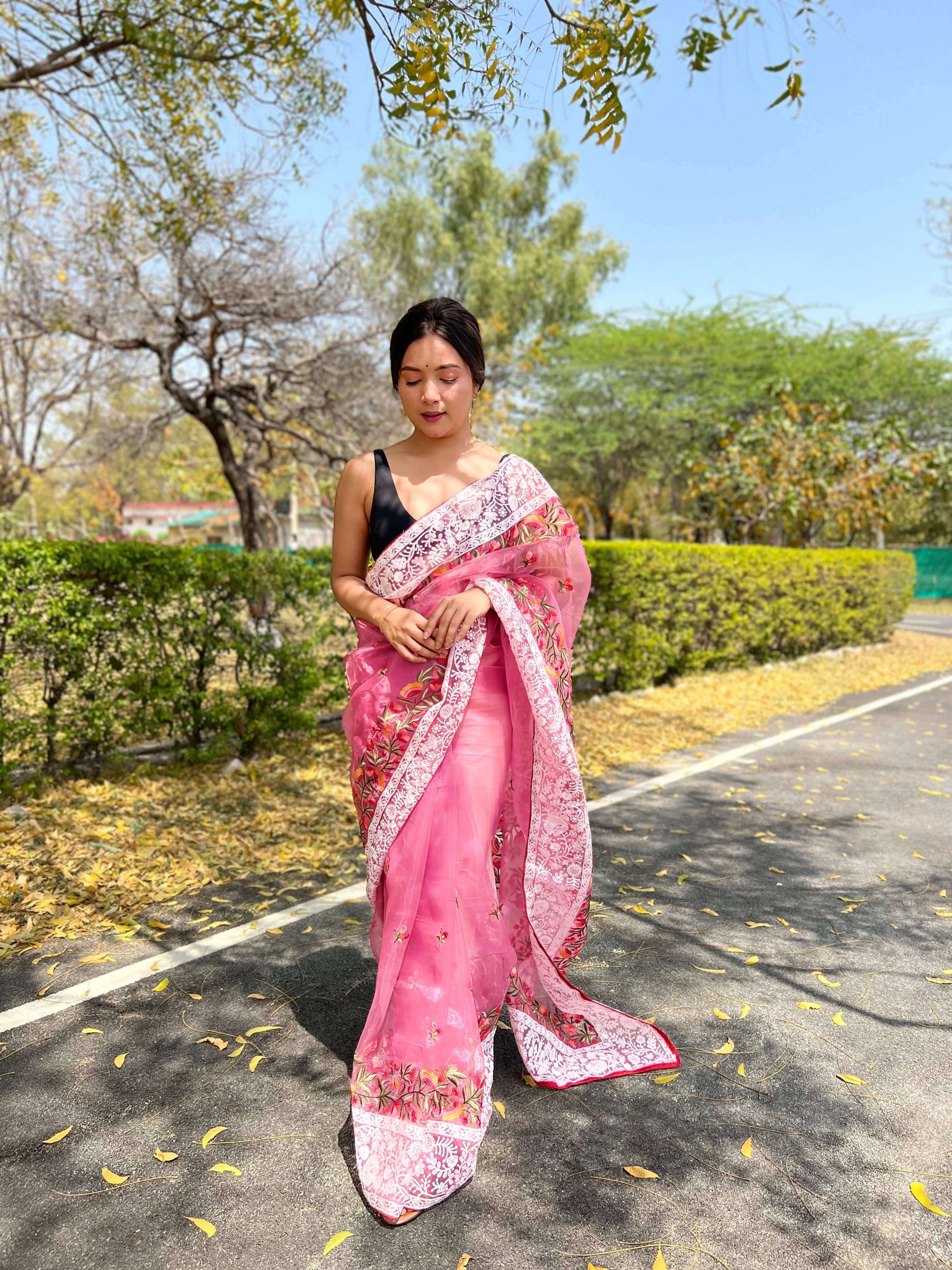Pink Organza Saree With silk Blouse