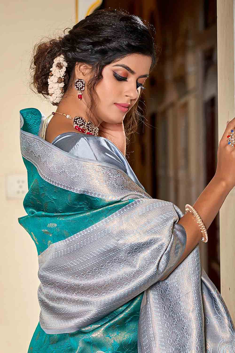 Buy Teal Blue Kanjivaram Saree Nitaraa