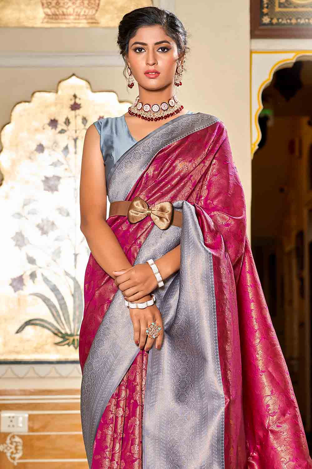 Buy Bright Pink Banarasi Khaddi Georgette Saree Nitaraa