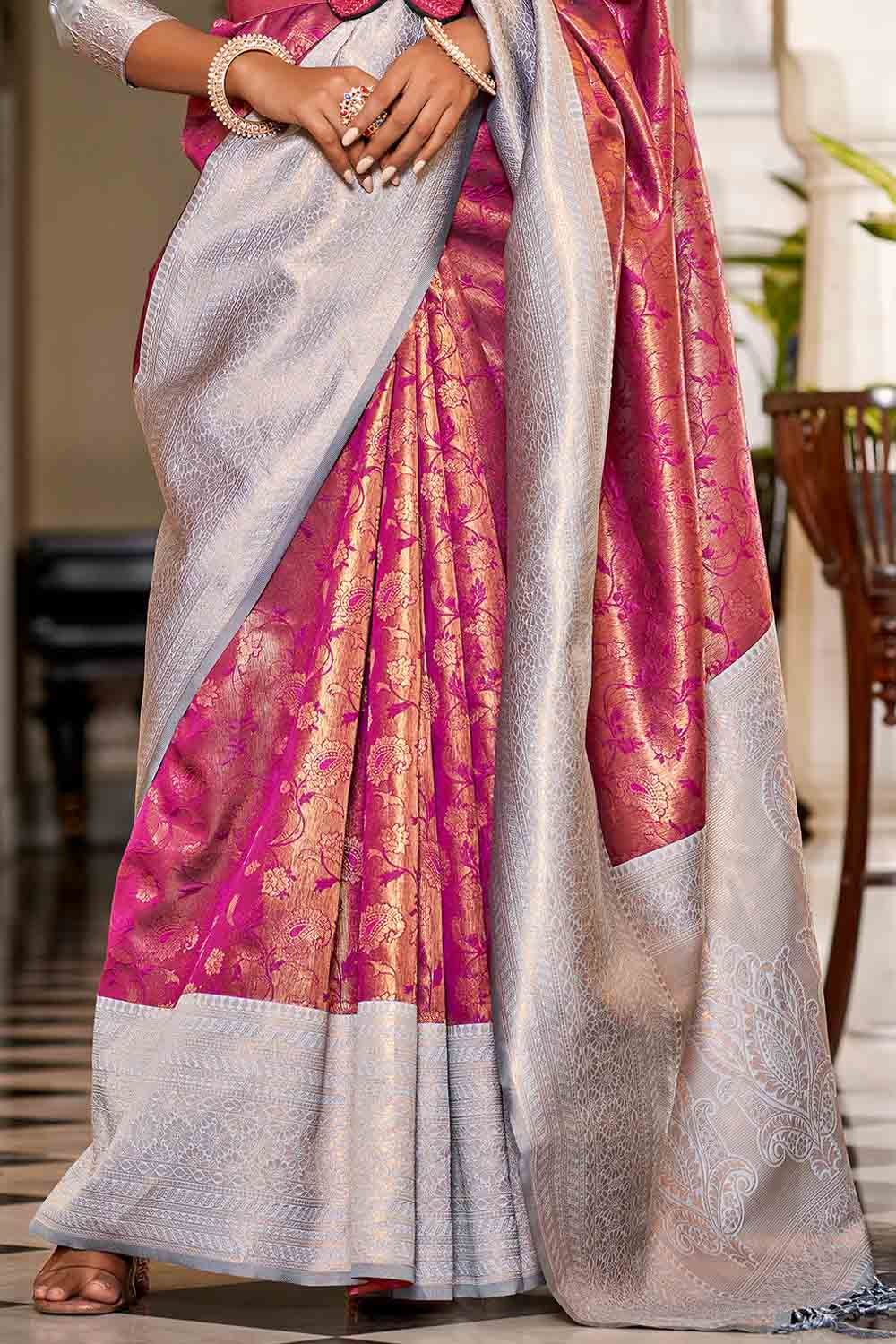 Buy Baby Pink Banarasi Leheriya Khaddi Georgette Saree Nitaraa