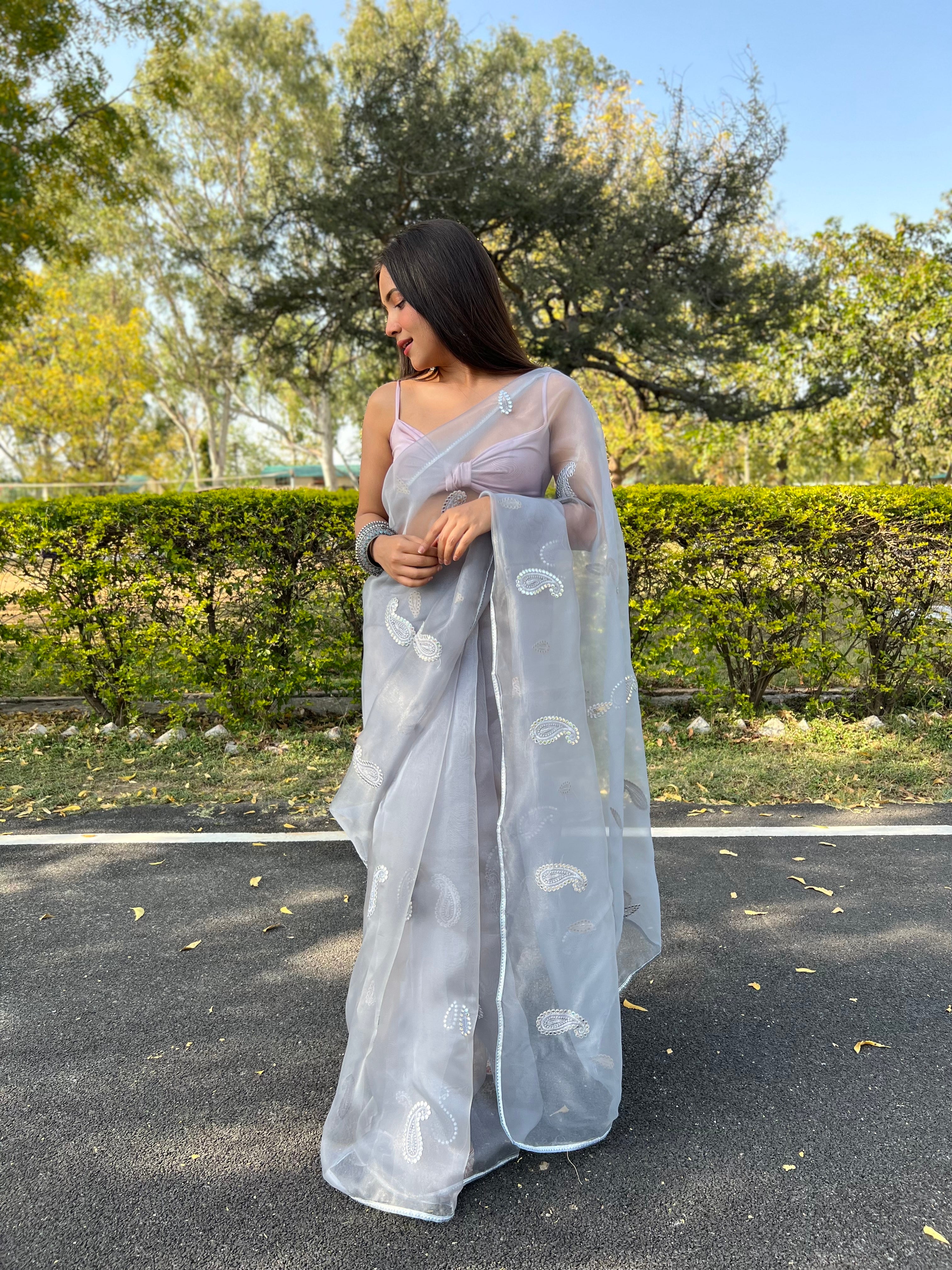 Grey Organza Saree With silk Blouse