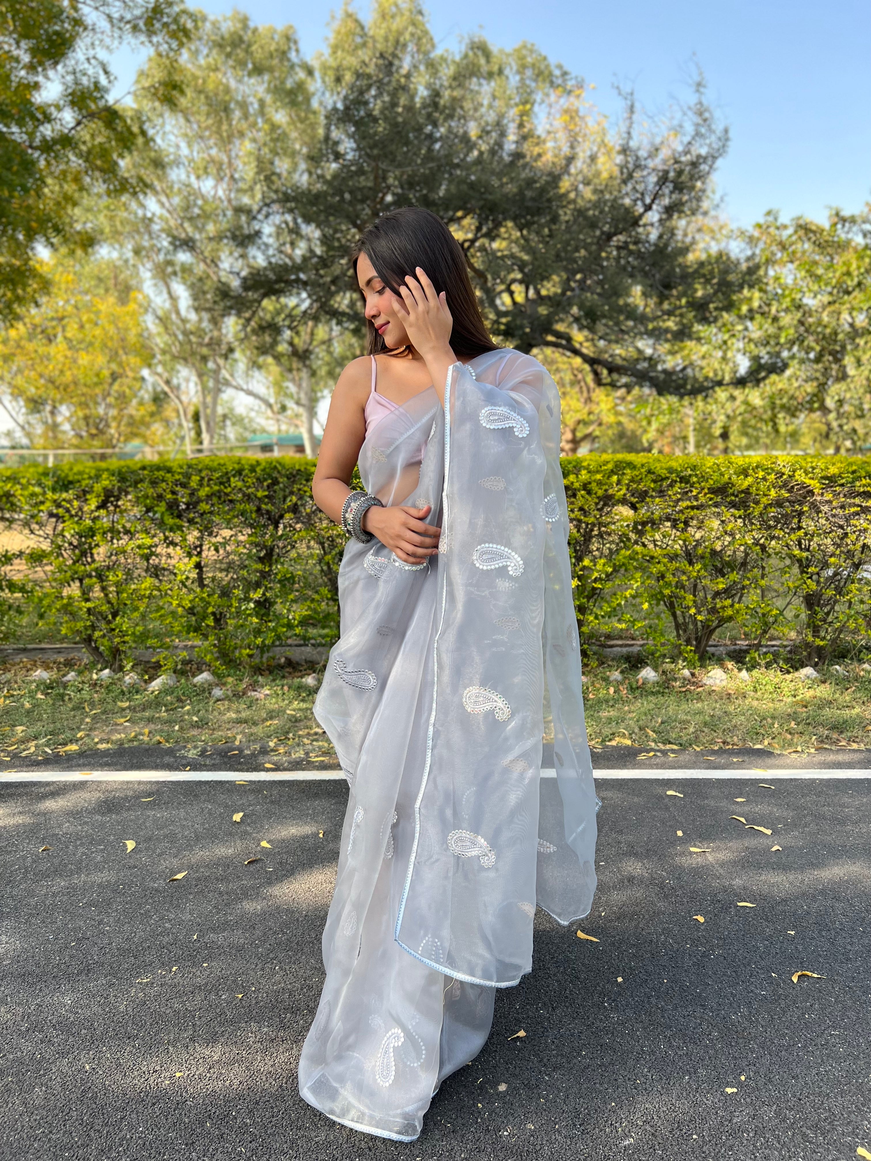 Grey Organza Saree With silk Blouse