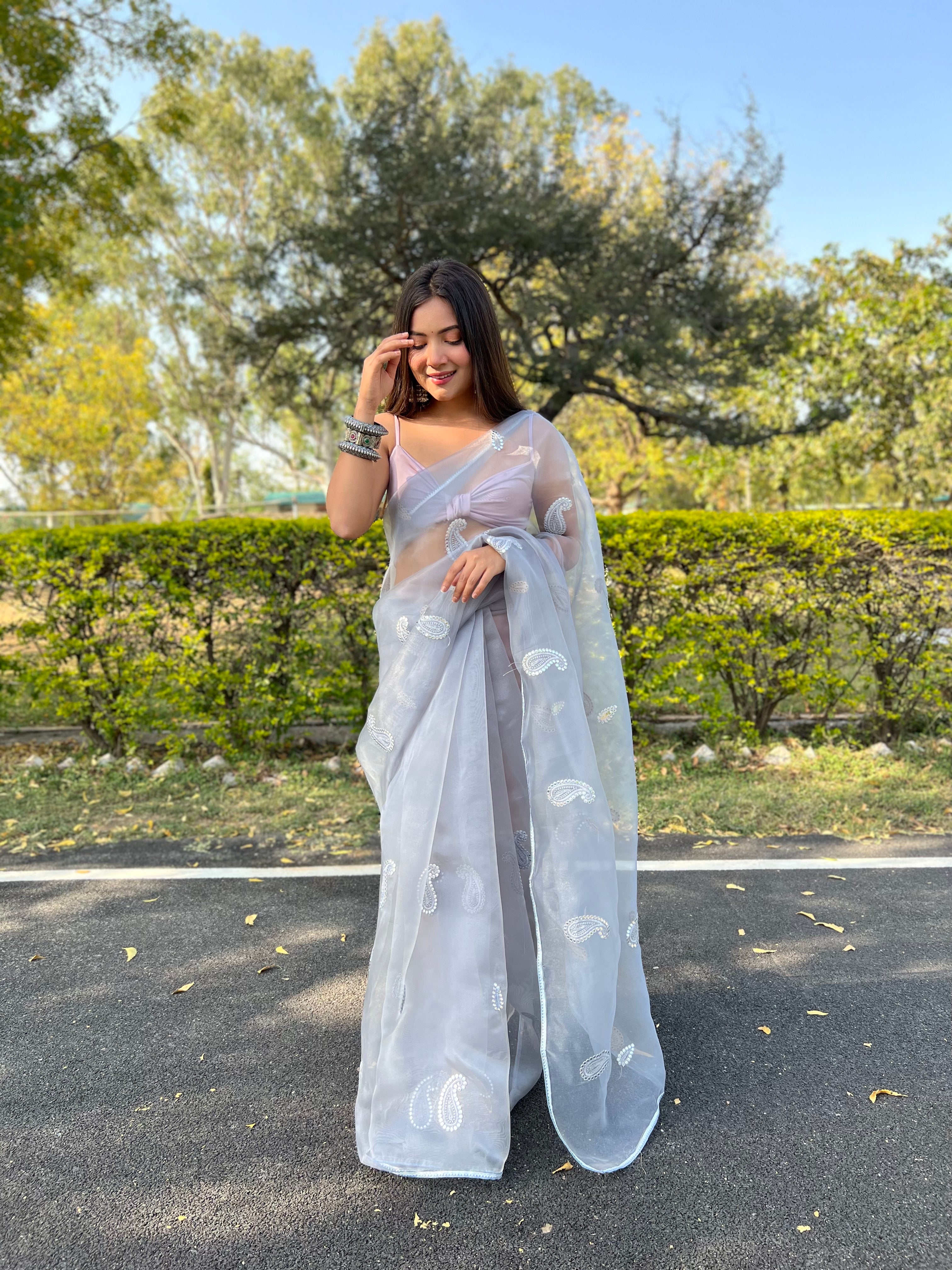 Grey Organza Saree With silk Blouse