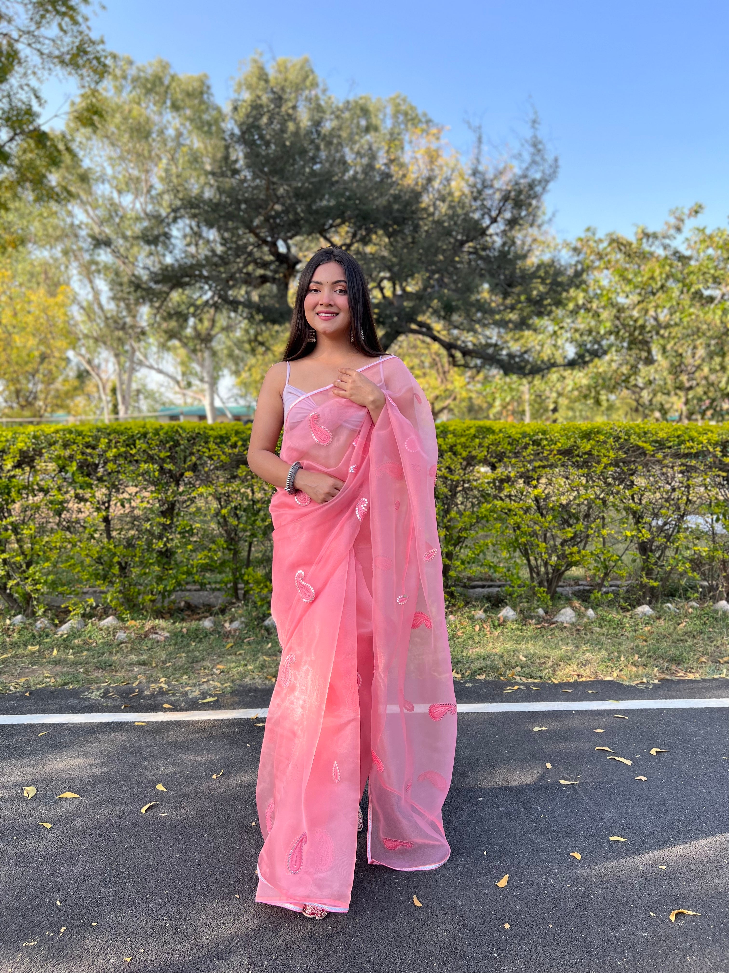 Pink Organza Saree With silk Blouse