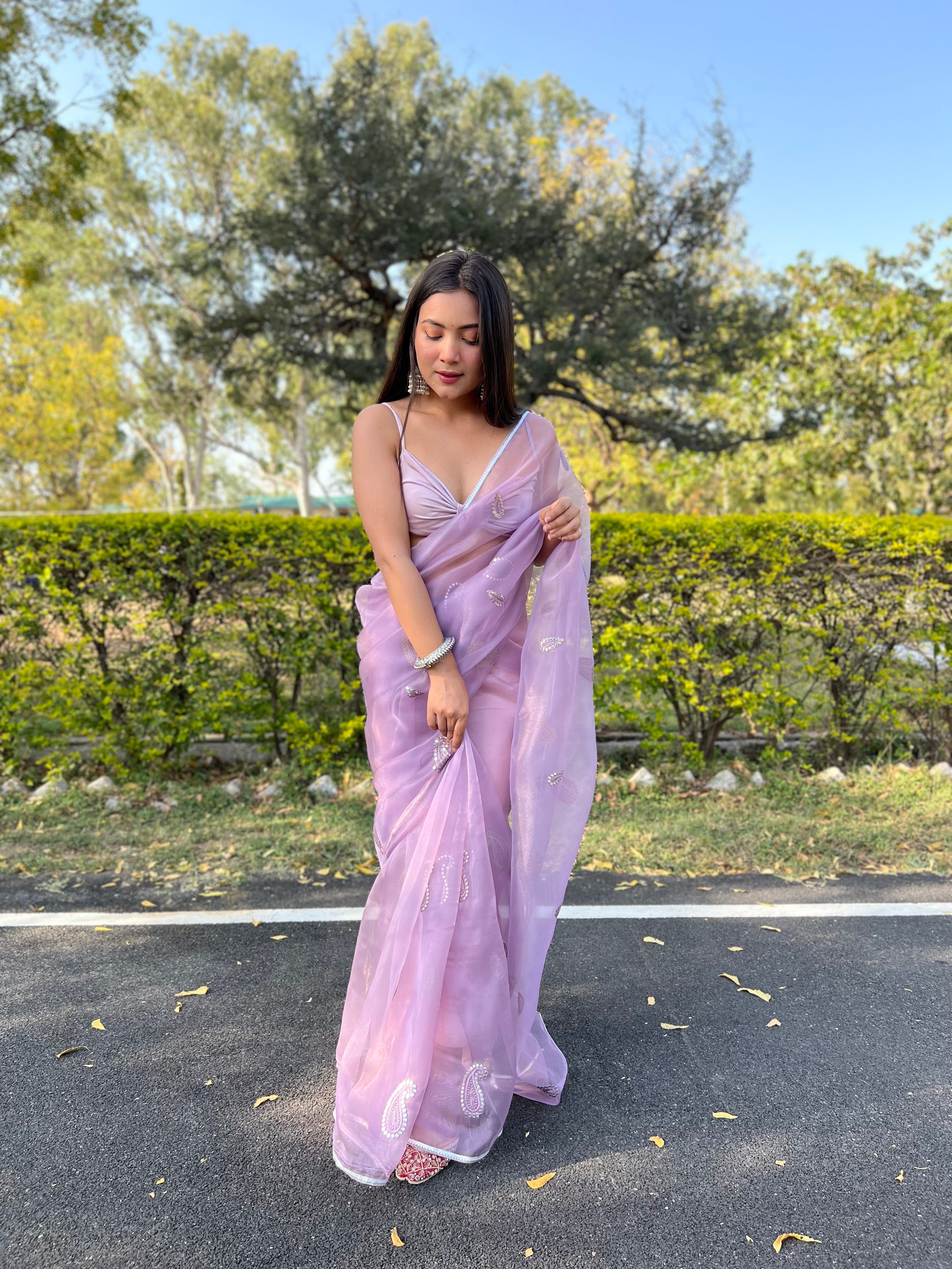 Purple Organza Saree With silk Blouse