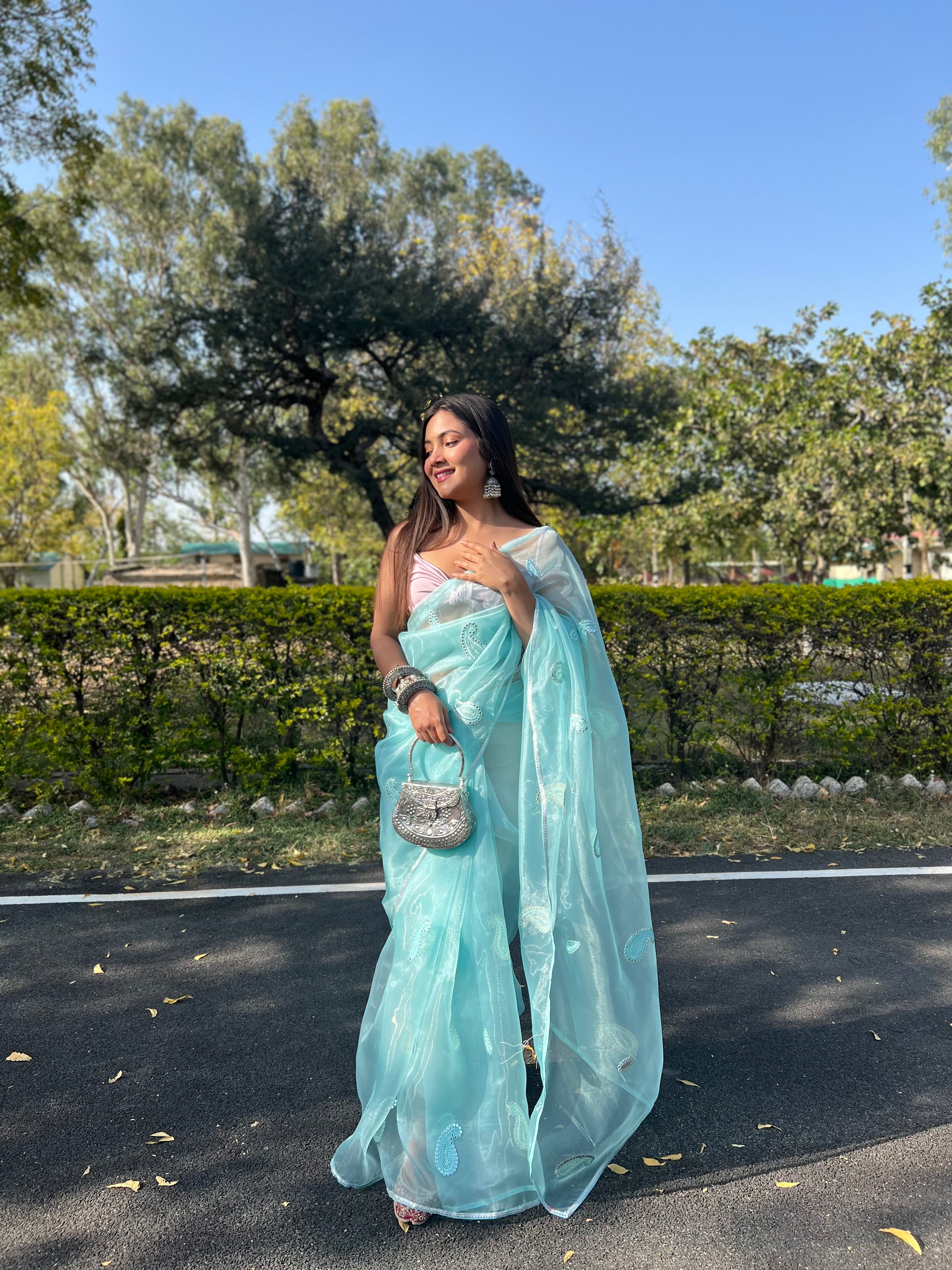BLUE Organza Saree With silk Blouse