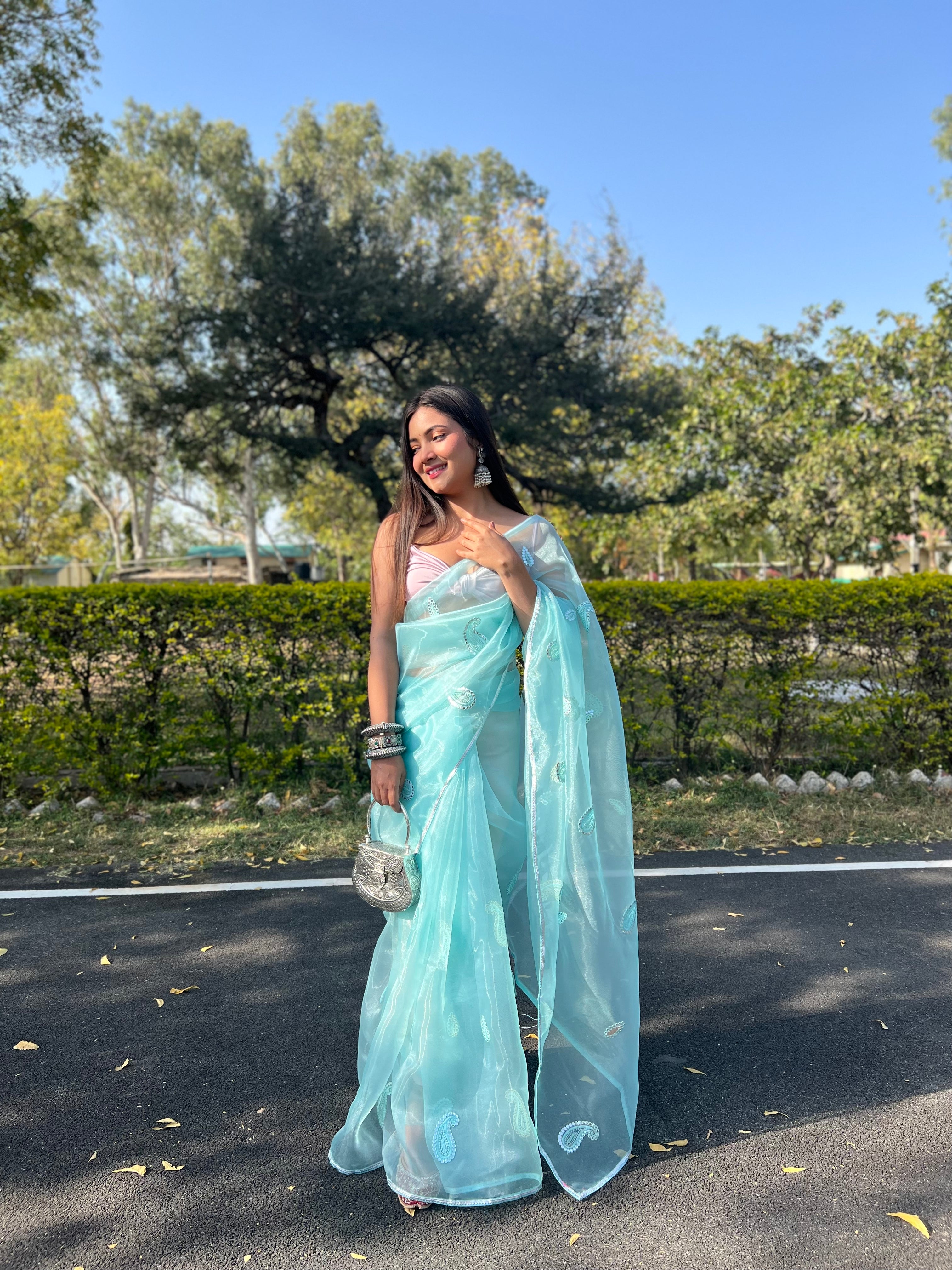 BLUE Organza Saree With silk Blouse