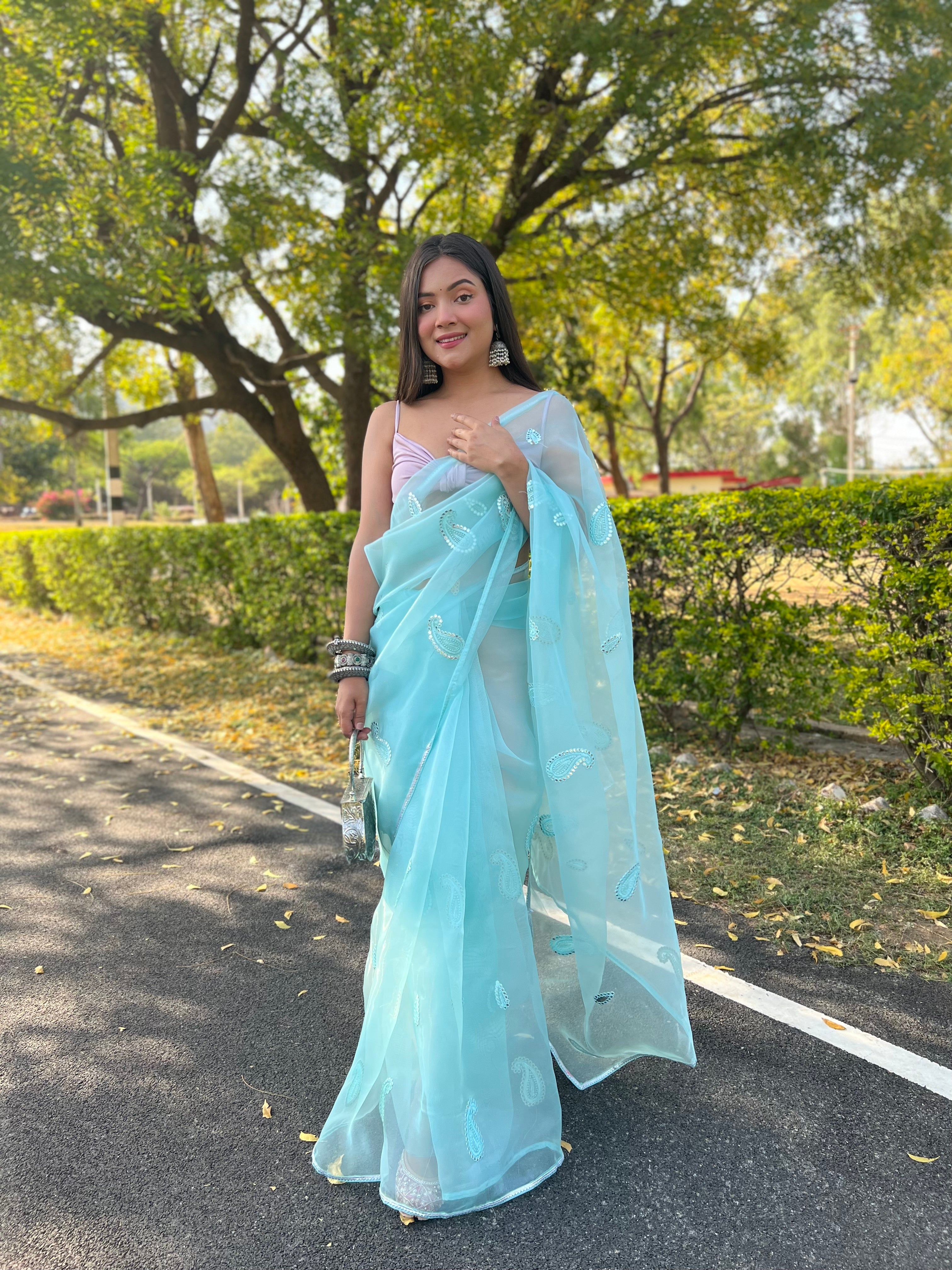 BLUE Organza Saree With silk Blouse