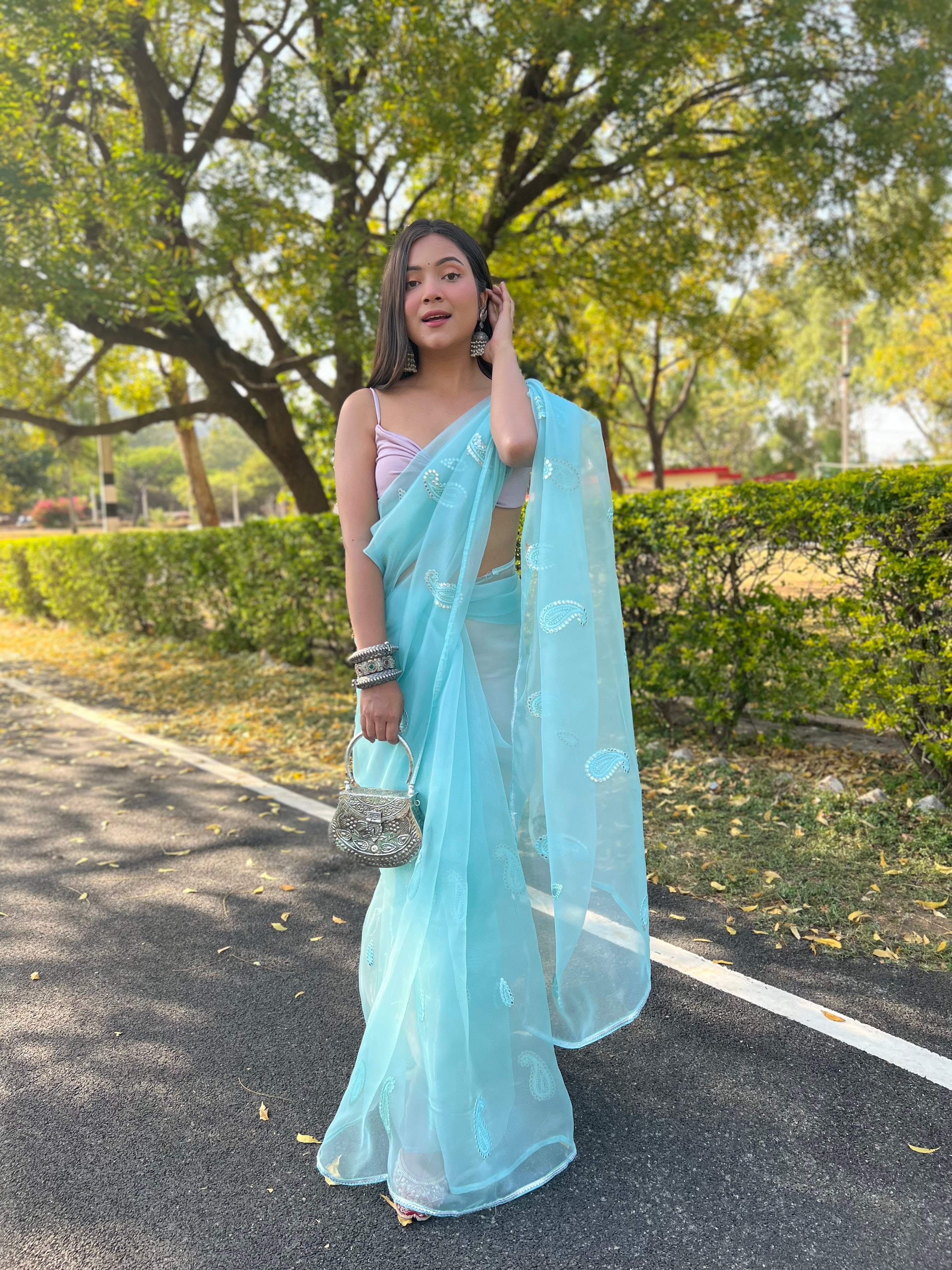 BLUE Organza Saree With silk Blouse