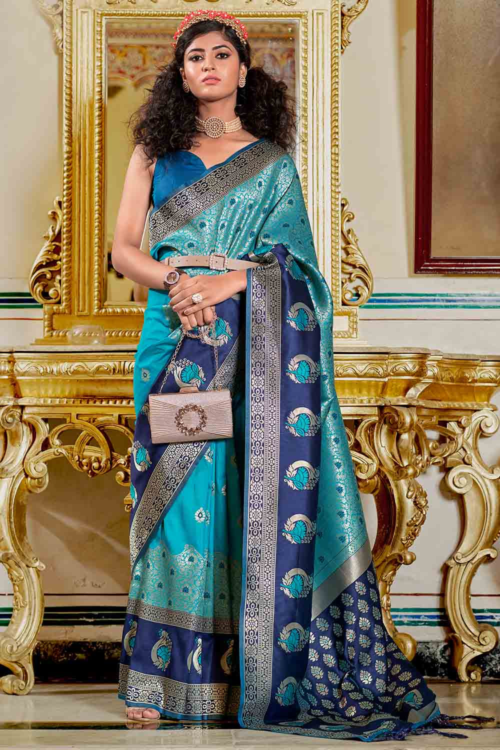 Buy English Blue Banarasi Raw Silk Saree Nitaraa