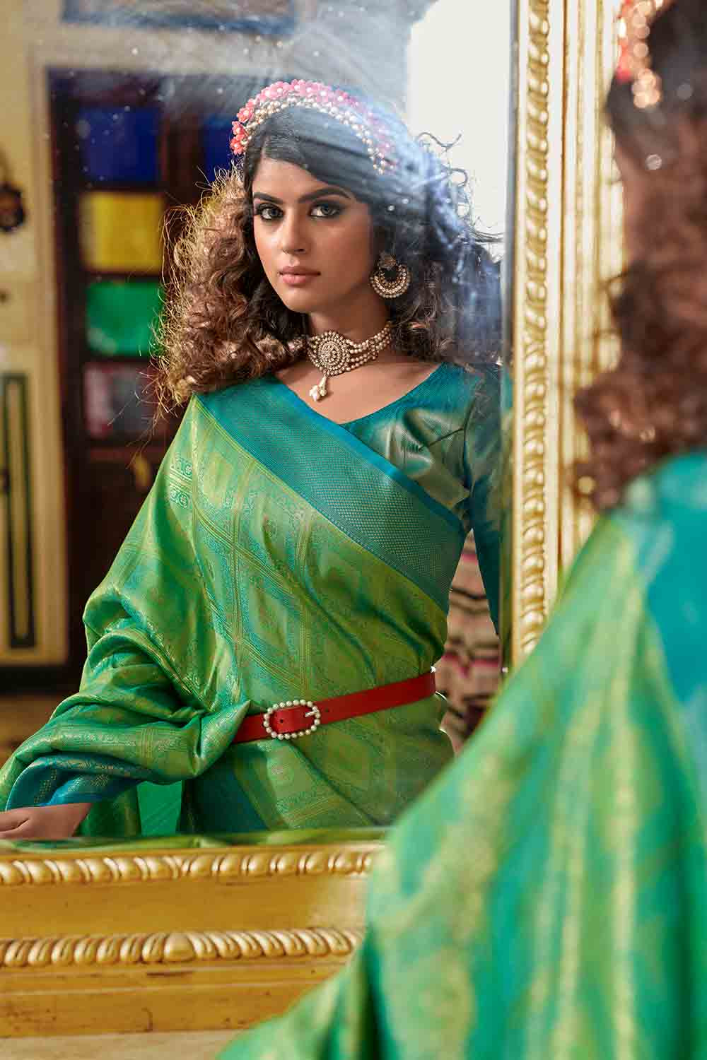 Buy Colubia Blue Banarasi Organza Silk Saree Nitaraa