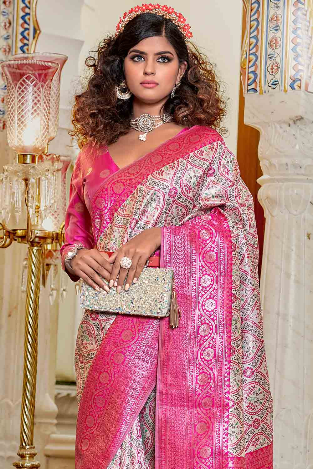 Buy Rose Red Banarasi Khaddi Georgette Saree Nitaraa