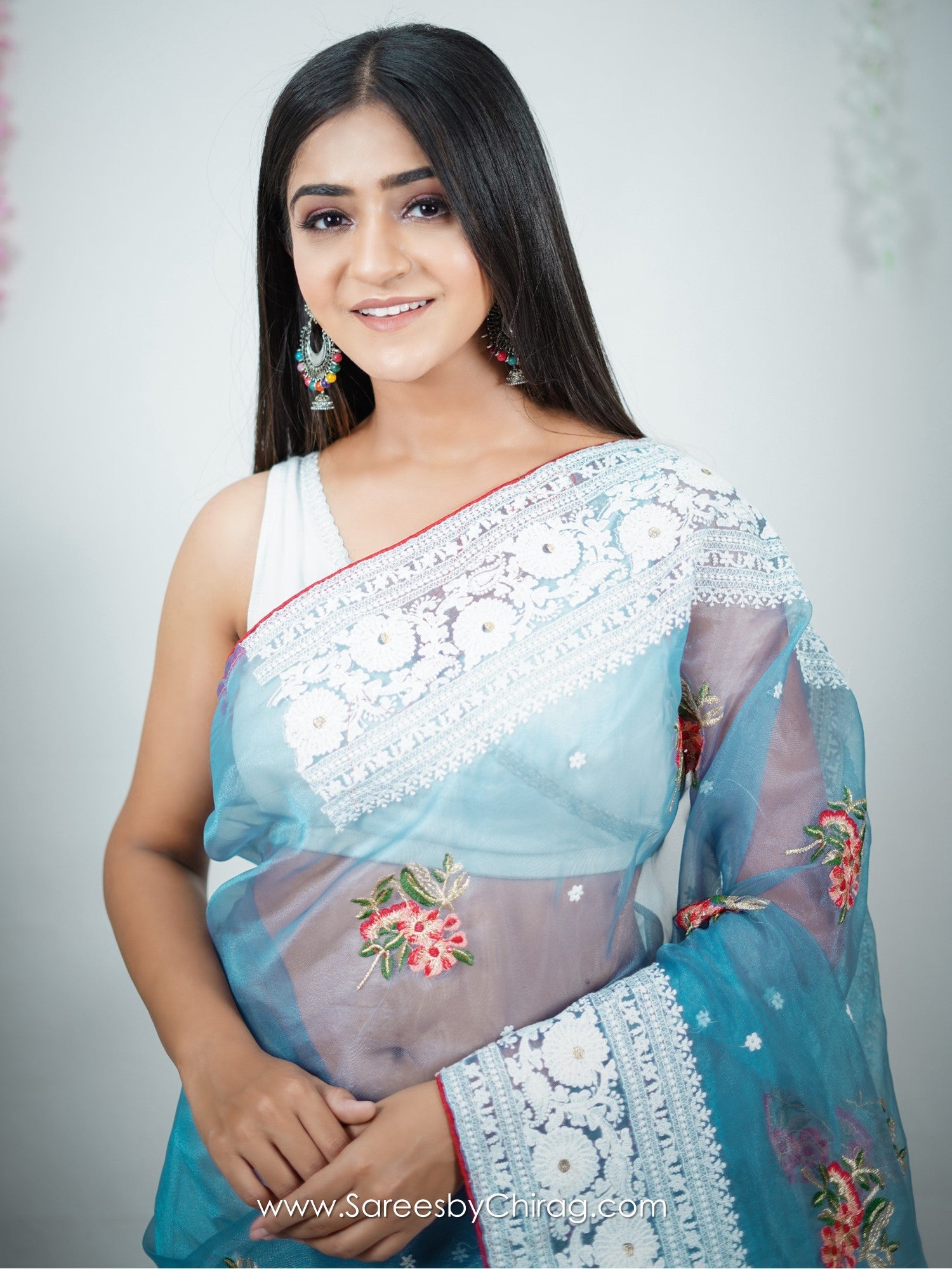 Sky Organza Saree With Satin Benglori Blouse