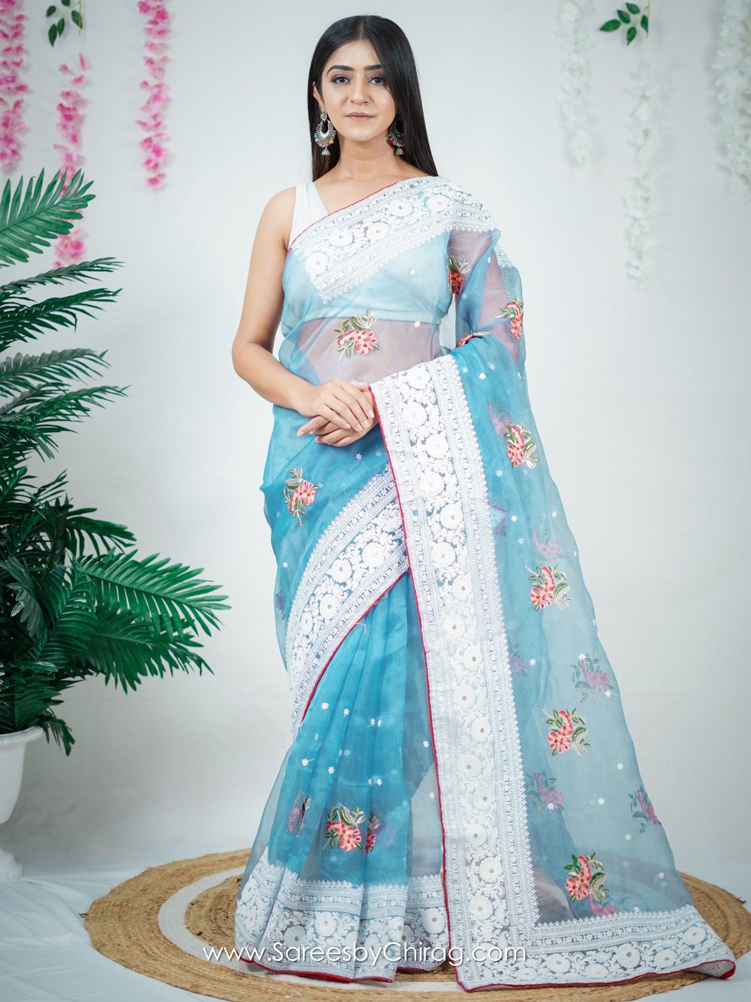 Sky Organza Saree With Satin Benglori Blouse