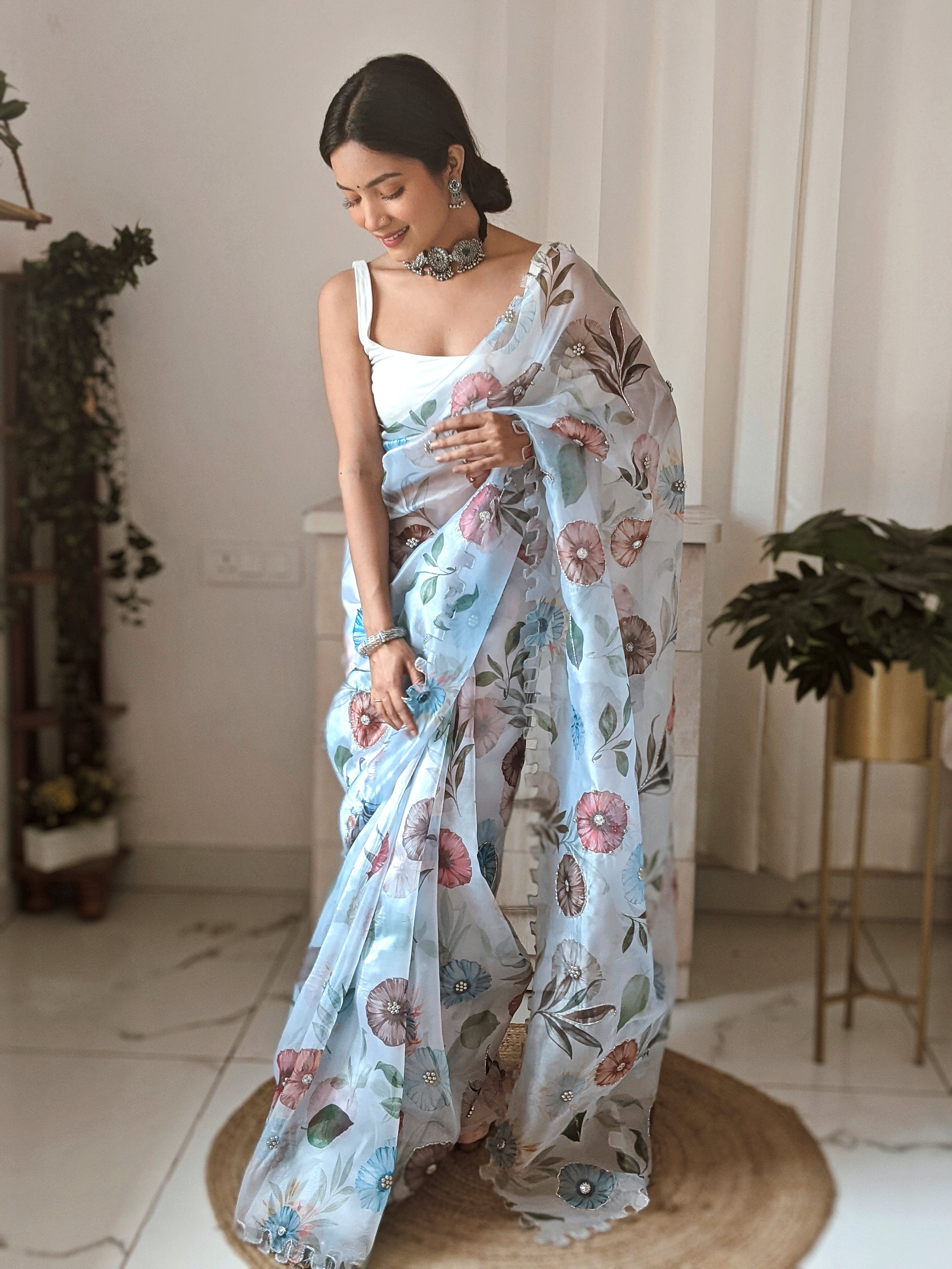 White Organza Saree With Sattin Benglori Blouse