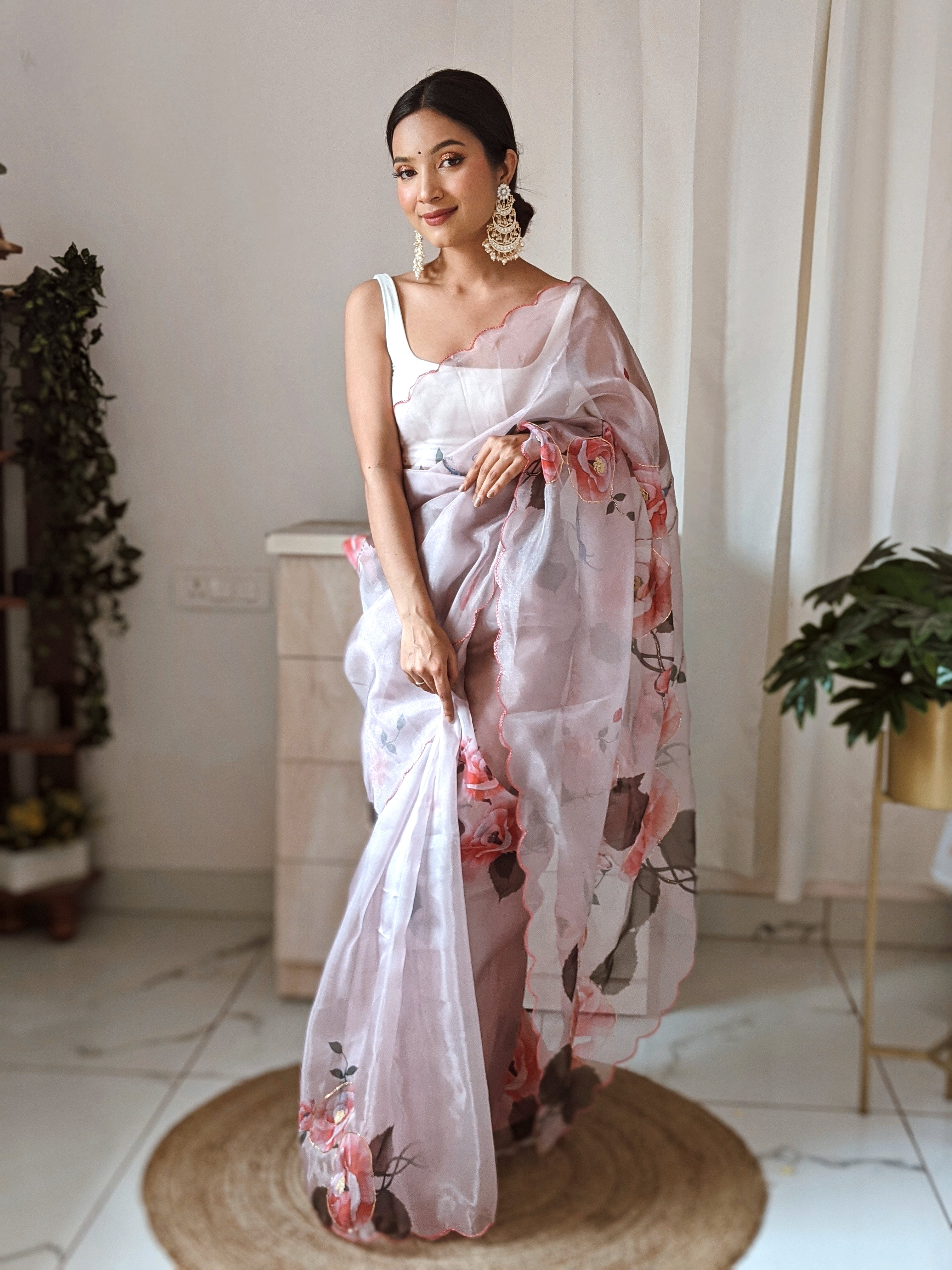 Pink Organza Saree With Satin Benglori Blouse