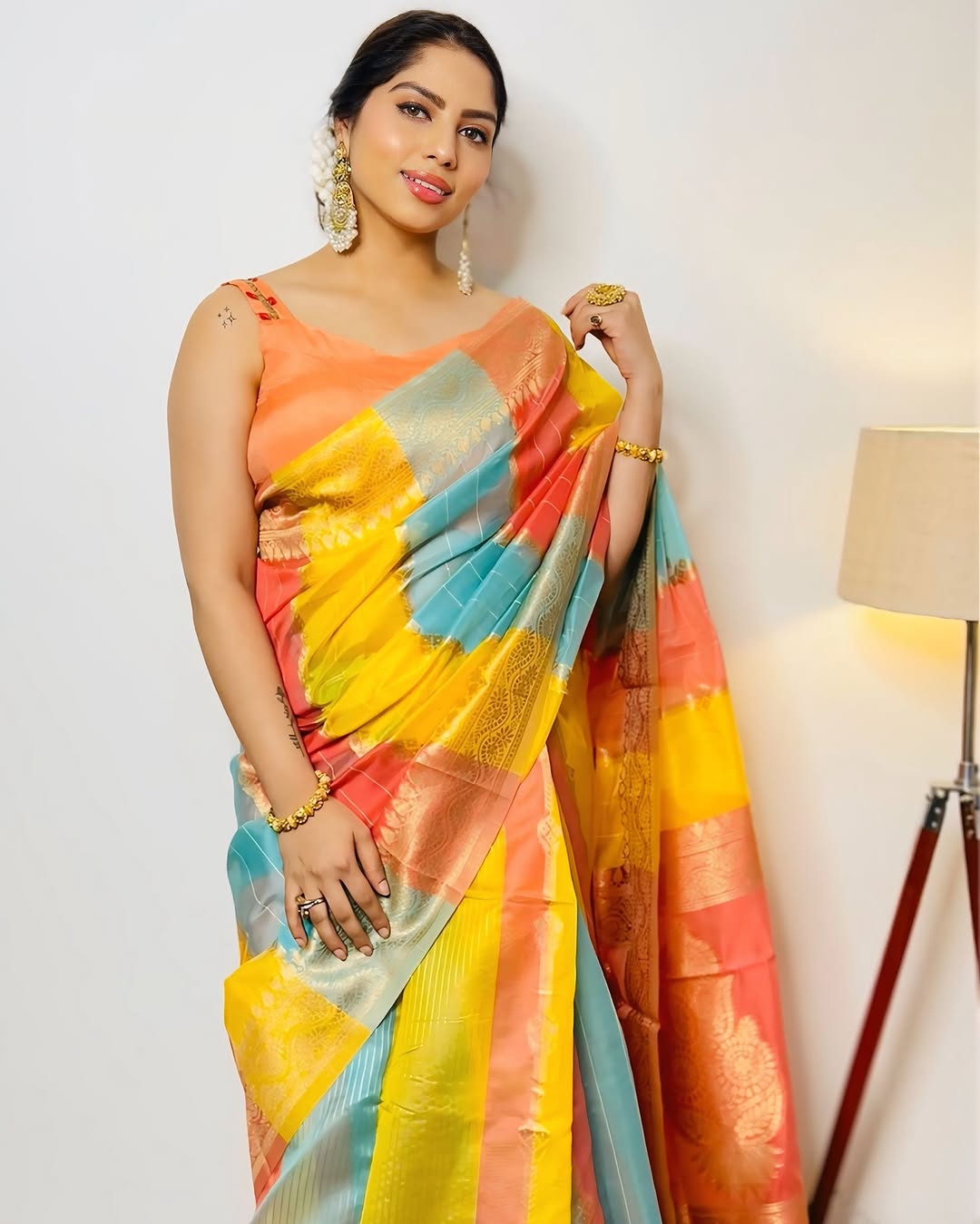 Yellow and Pink Multicolour Organza Saree