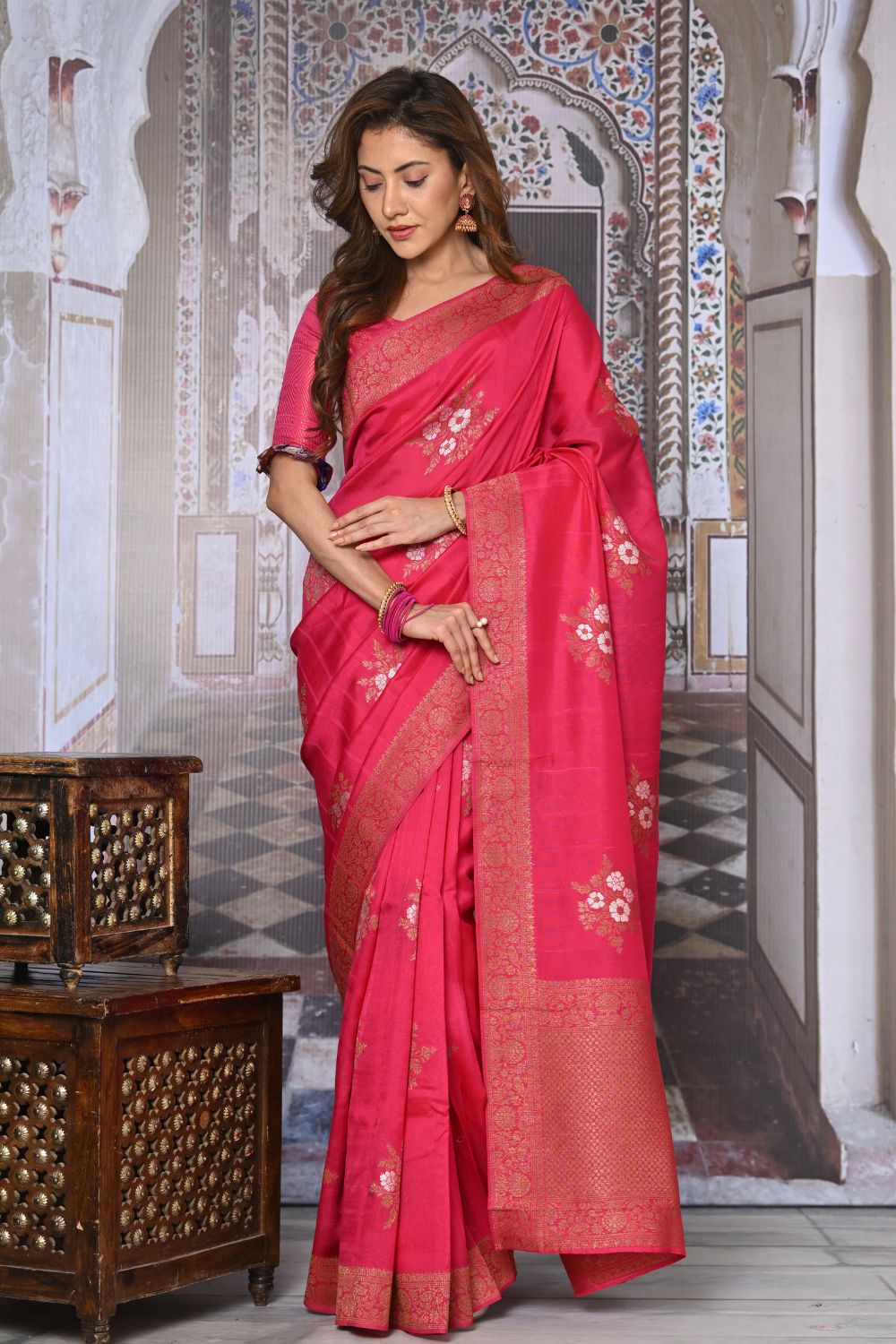 Buy Peach Kashmiri Silk Saree With Blouse Piece Nitaraa
