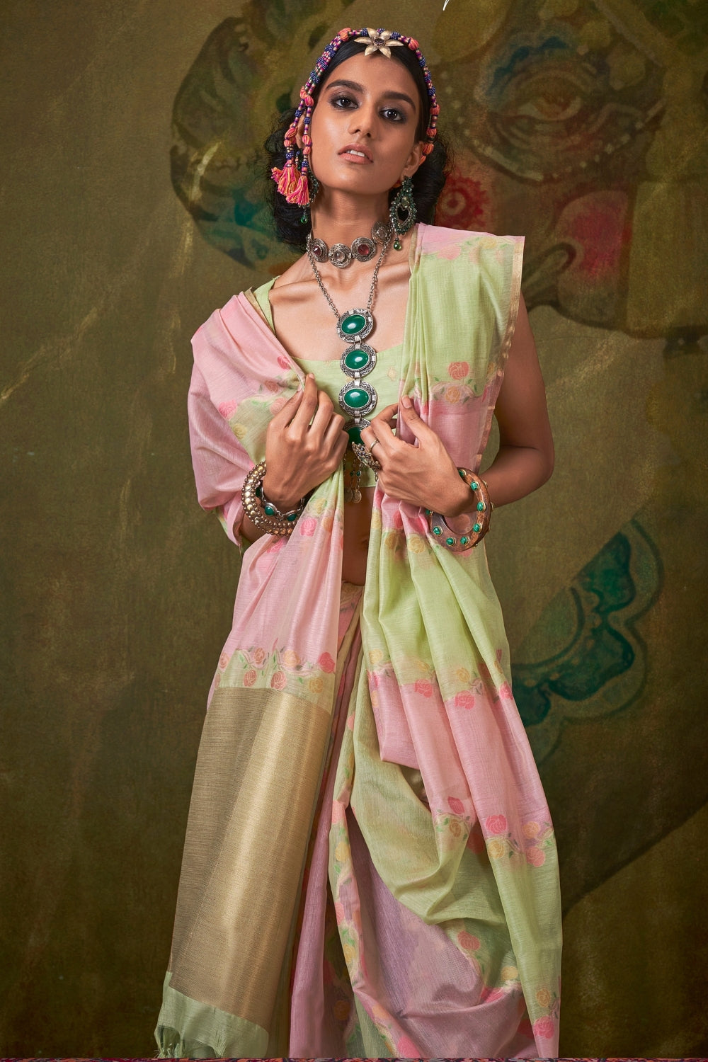 Pink & Yellow Handloom Weaving Saree