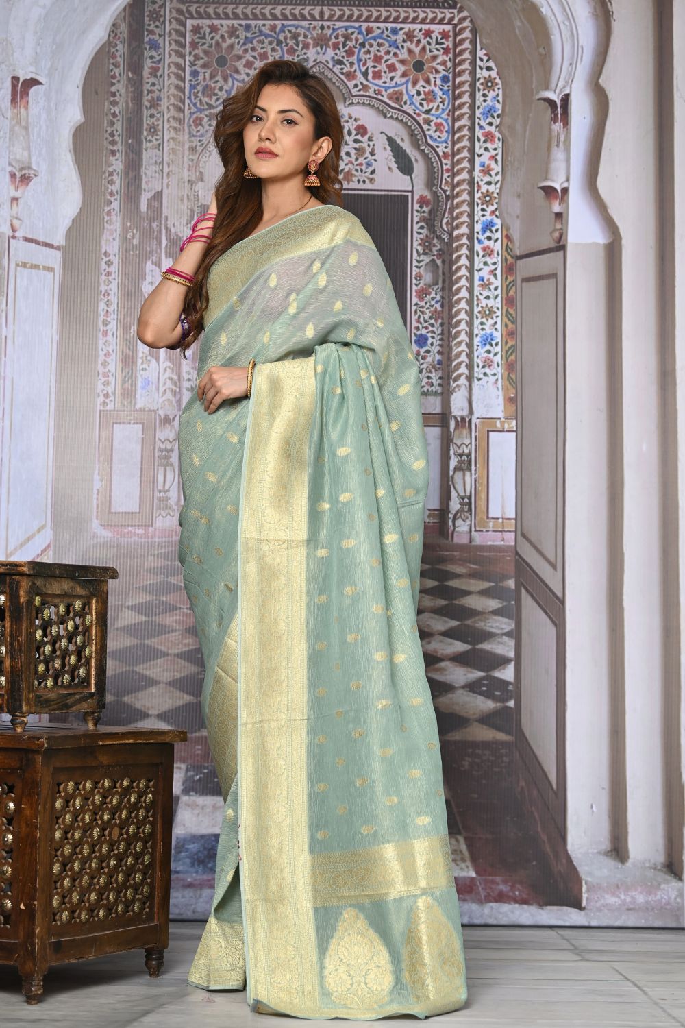 Buy Green Gota Zari Silk Saree With Blouse Piece Nitaraa