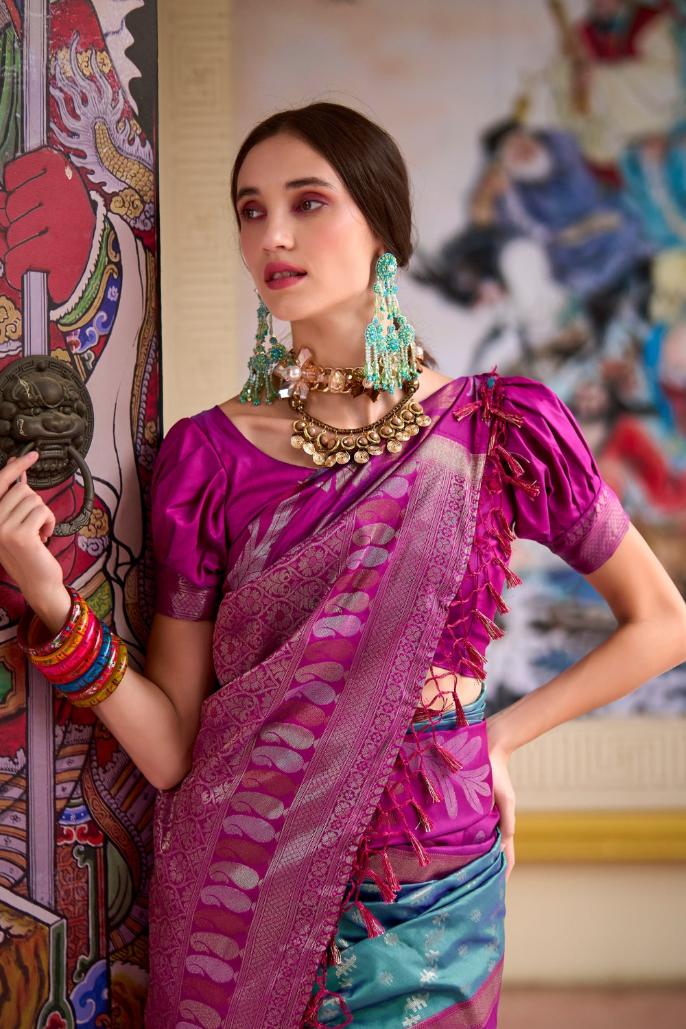 Blue Pink Banarasi Saree