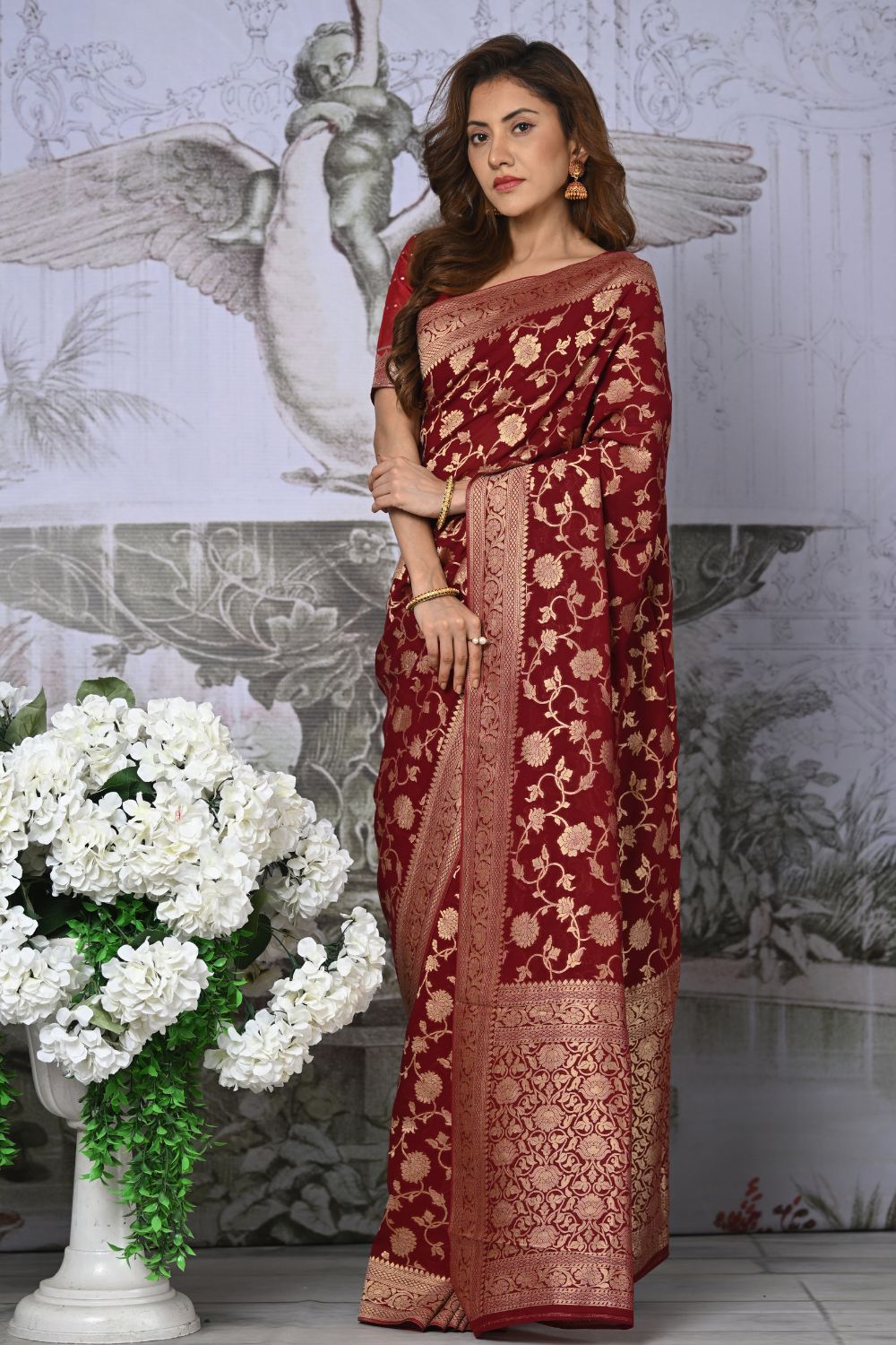 Buy Orange Banarasi Silk Saree With Blouse Piece Nitaraa