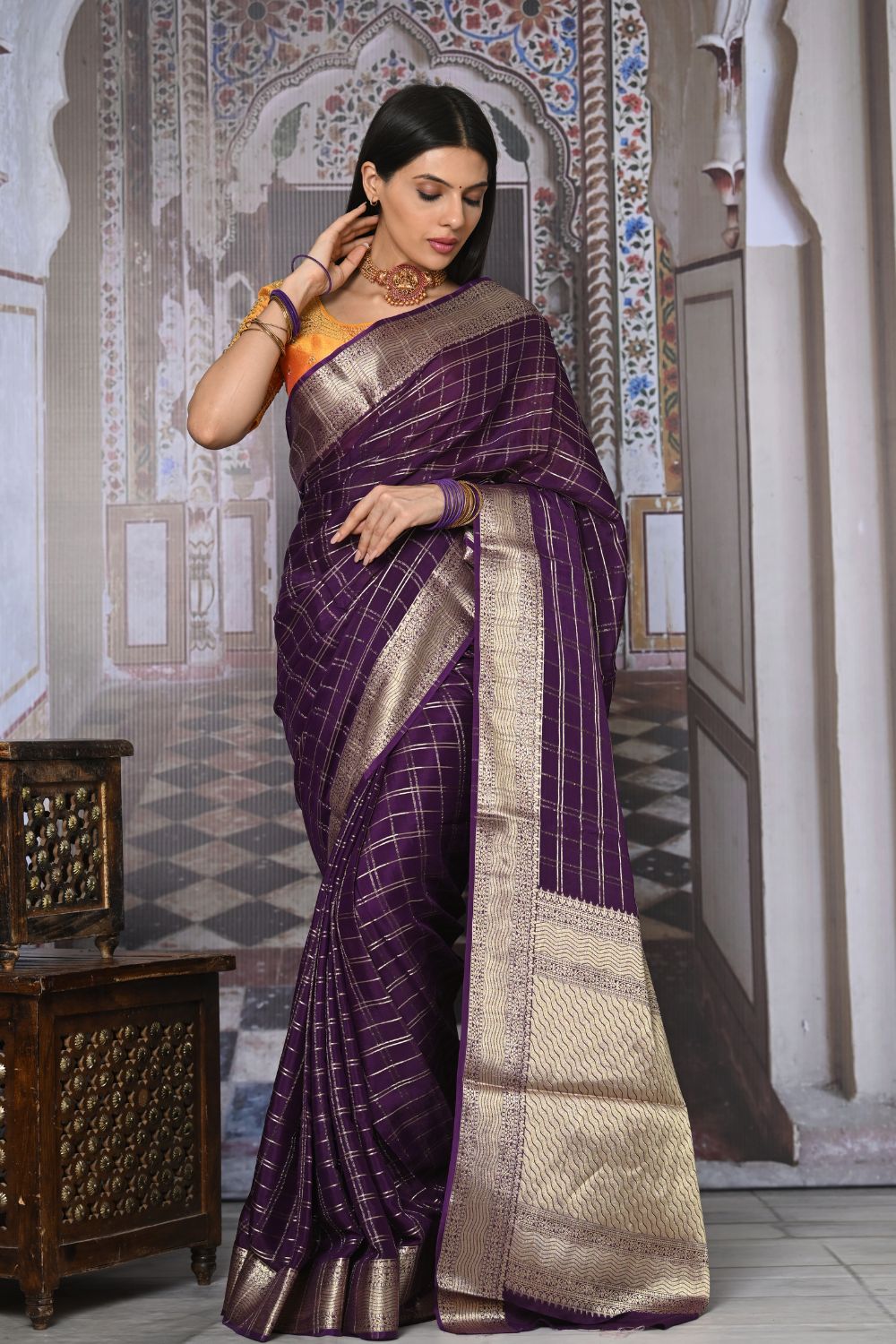 Buy Navy Blue Kashmiri Silk Saree With Blouse Piece Nitaraa