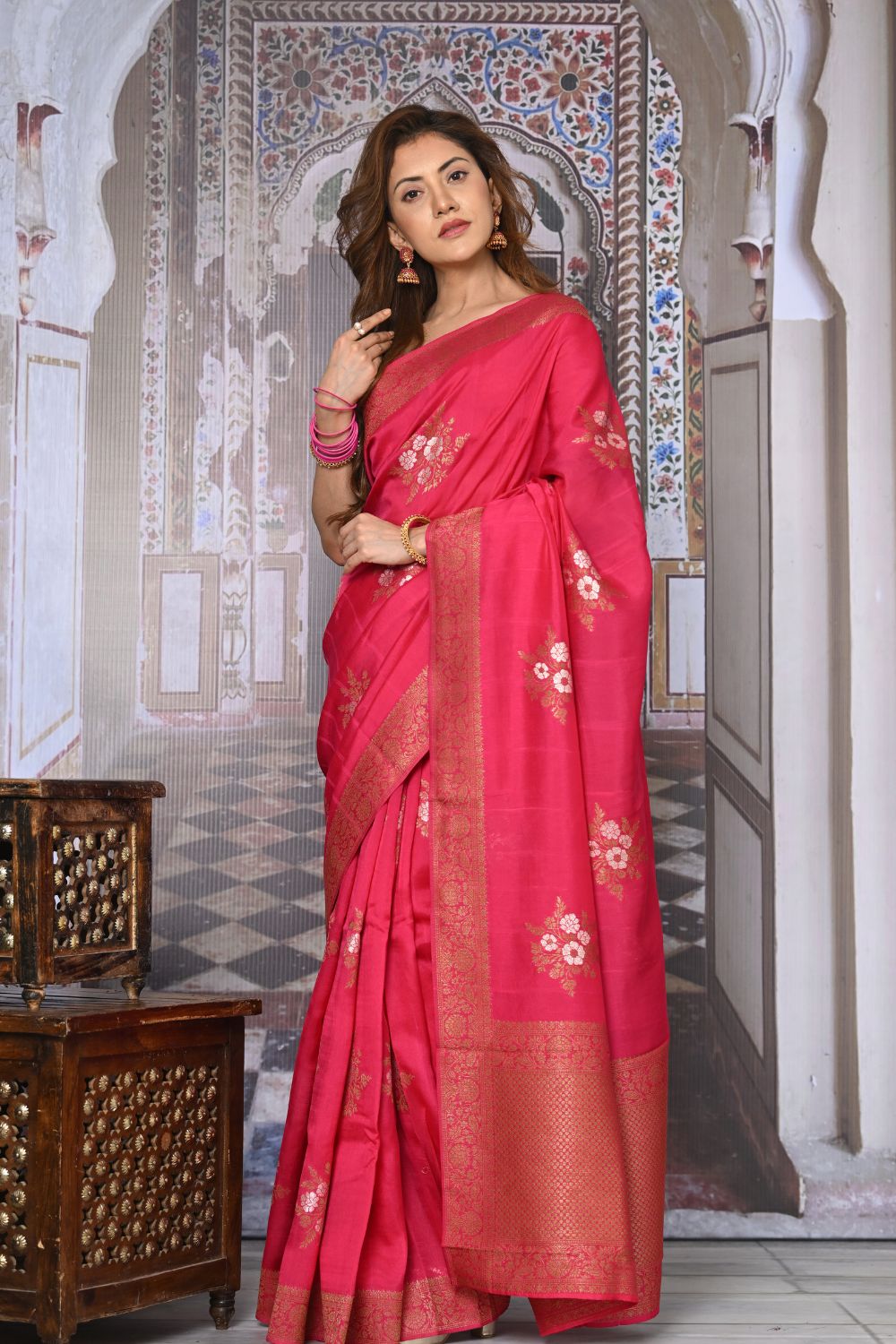 Buy Baby Pink Kashmiri Silk Saree With Blouse Piece Nitaraa