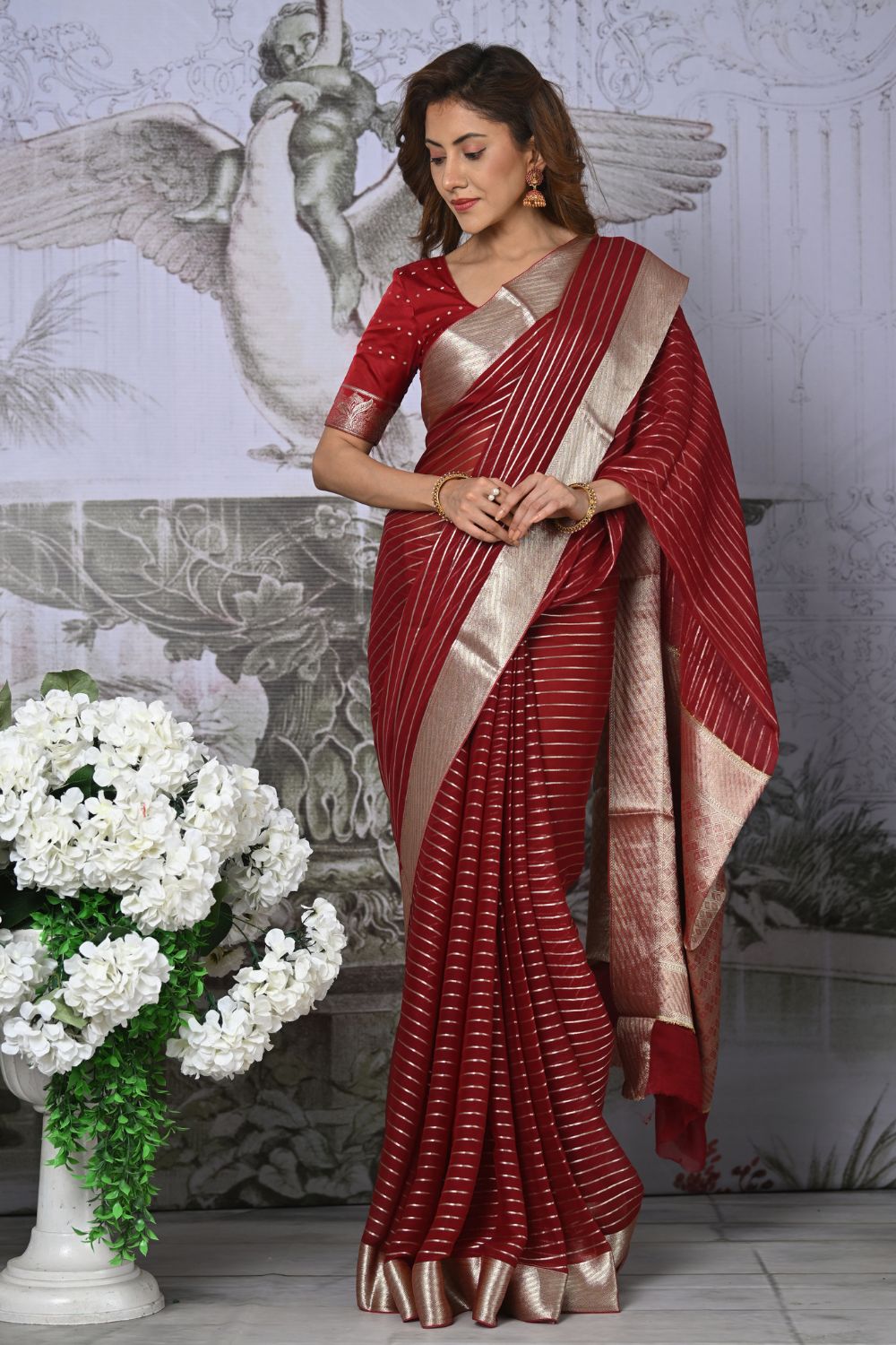 Buy Silver Silk Saree With Blouse Piece Nitaraa