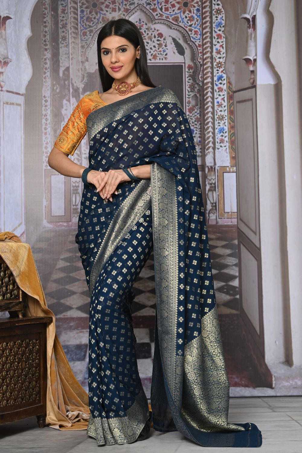 Buy Teal Blue Kashmiri Silk Saree With Blouse Piece Nitaraa