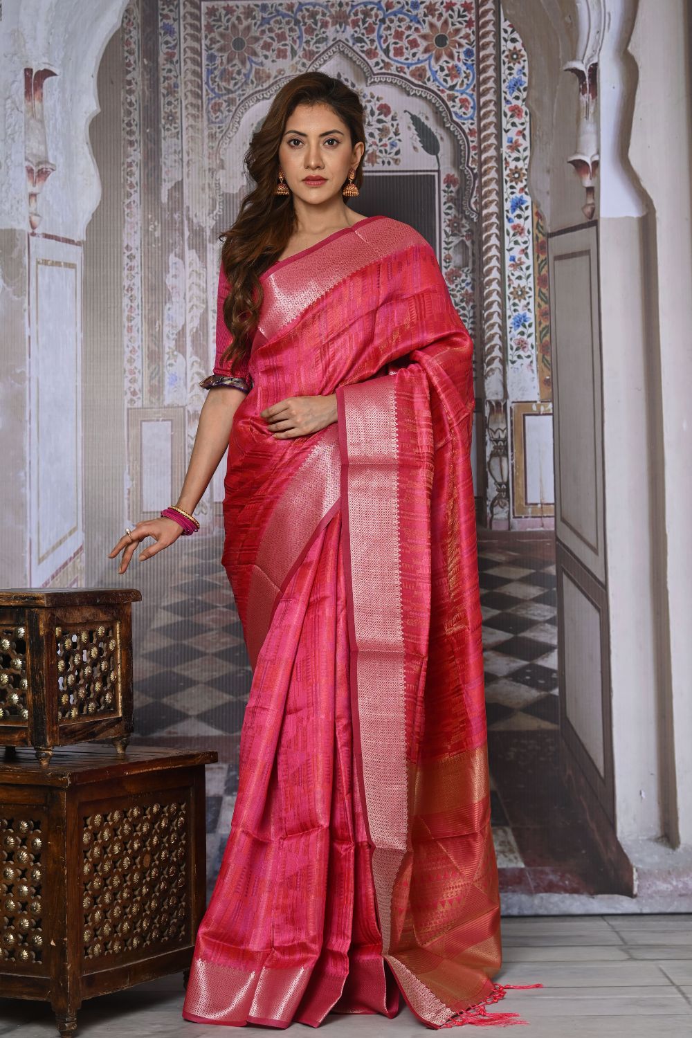 Buy Pink Kashmiri Silk Saree With Blouse Piece Nitaraa