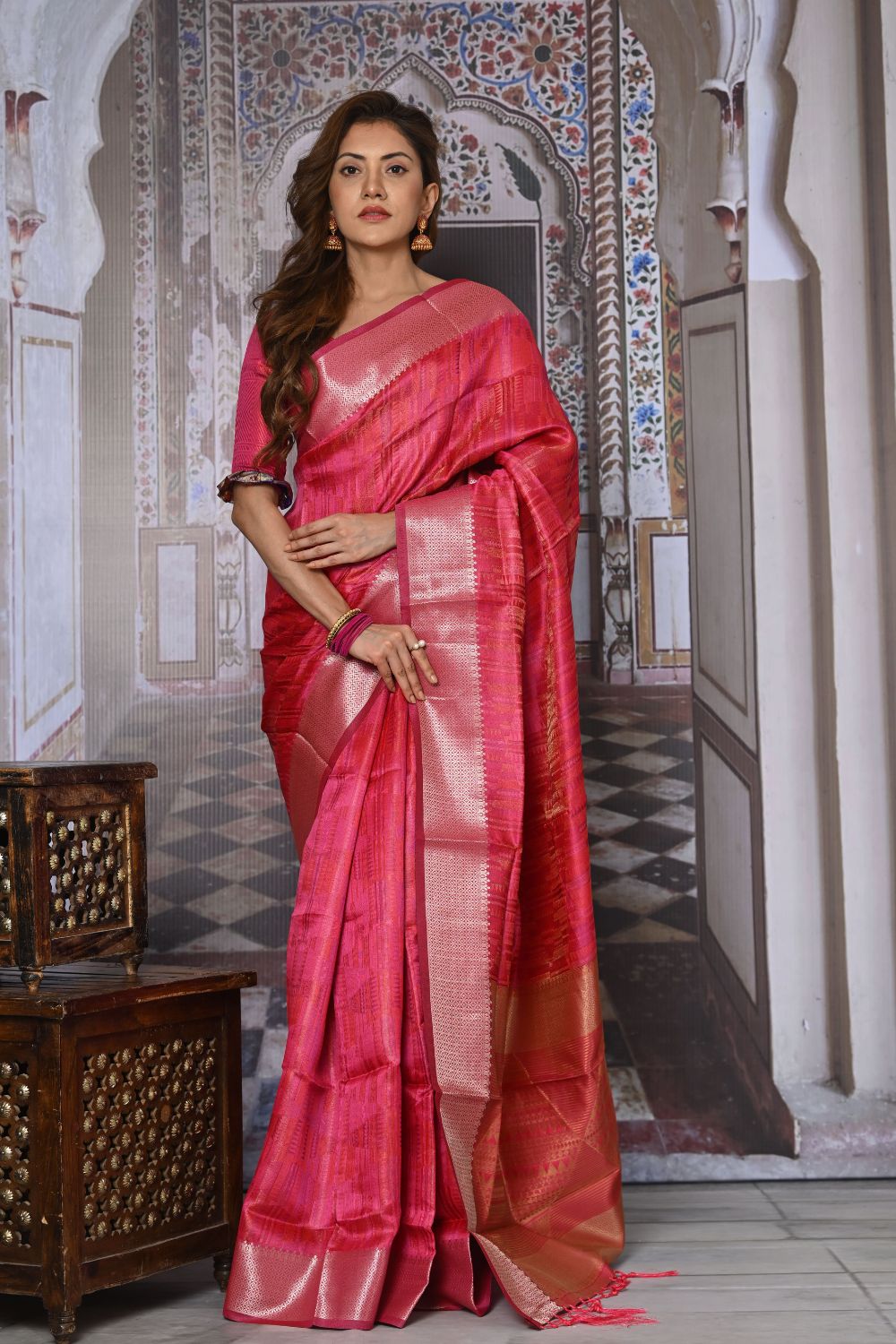 Buy Pink Satin Silk Saree With Blouse Piece Nitaraa