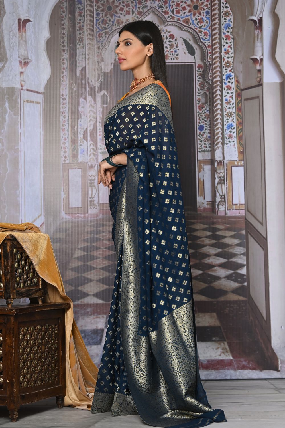 Buy Blue Silk Saree With Blouse Piece Nitaraa