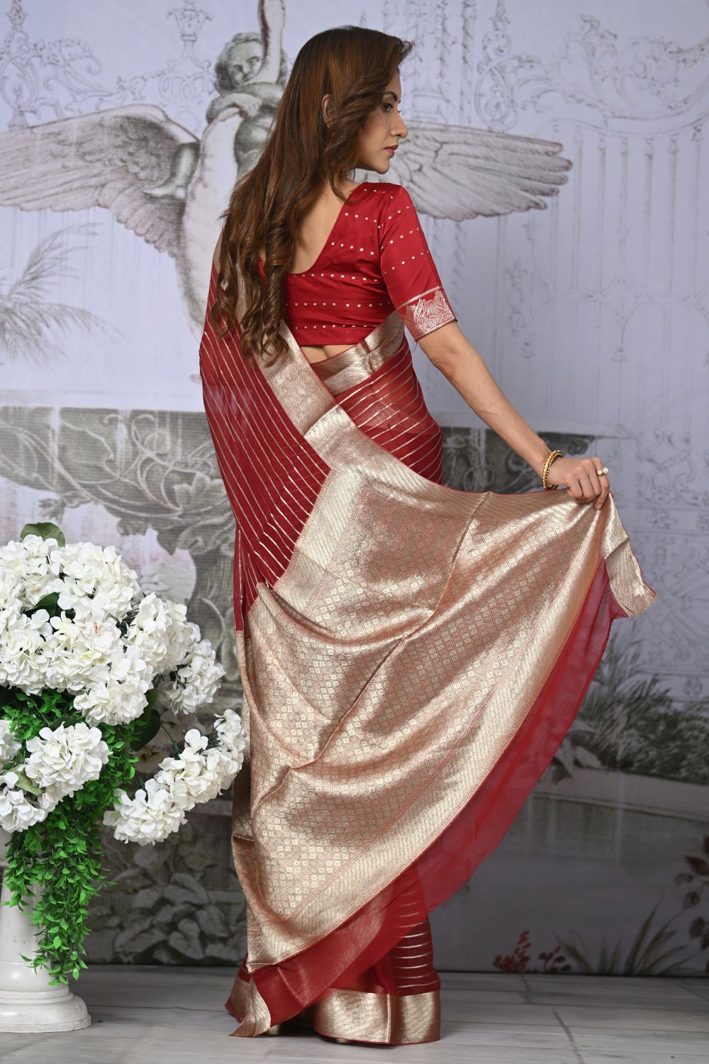 Buy Forest Green Satin Banarasi Silk Saree With Blouse Piece Nitaraa