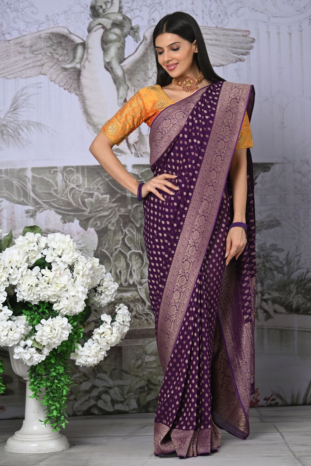 Buy Blue Satin Banarasi Silk Saree With Blouse Piece Nitaraa