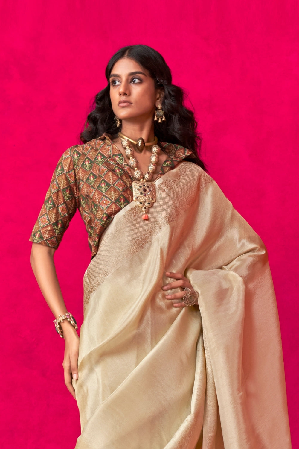 Beige Pure Zari Tissue Silk Saree