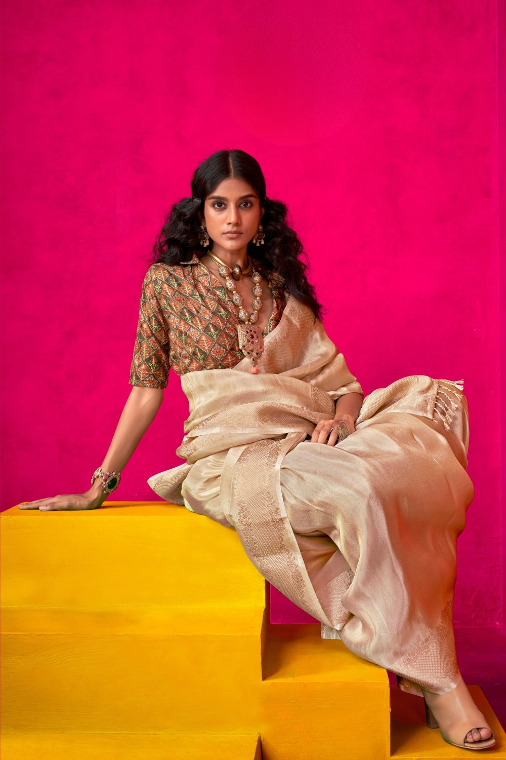 Beige Pure Zari Tissue Silk Saree