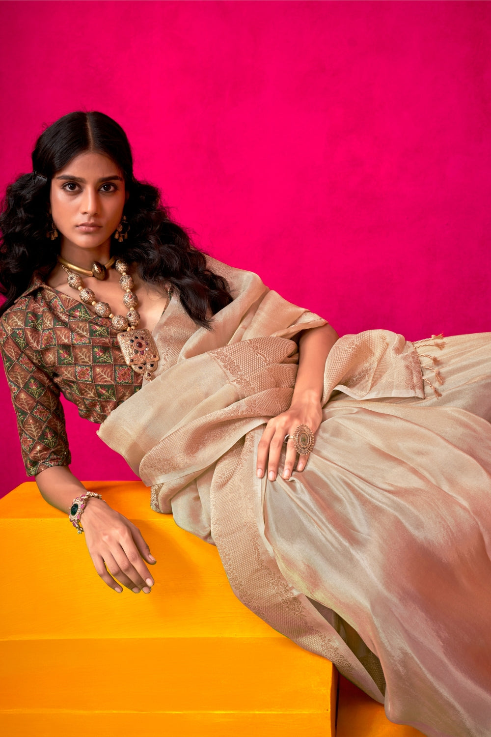 Beige Pure Zari Tissue Silk Saree