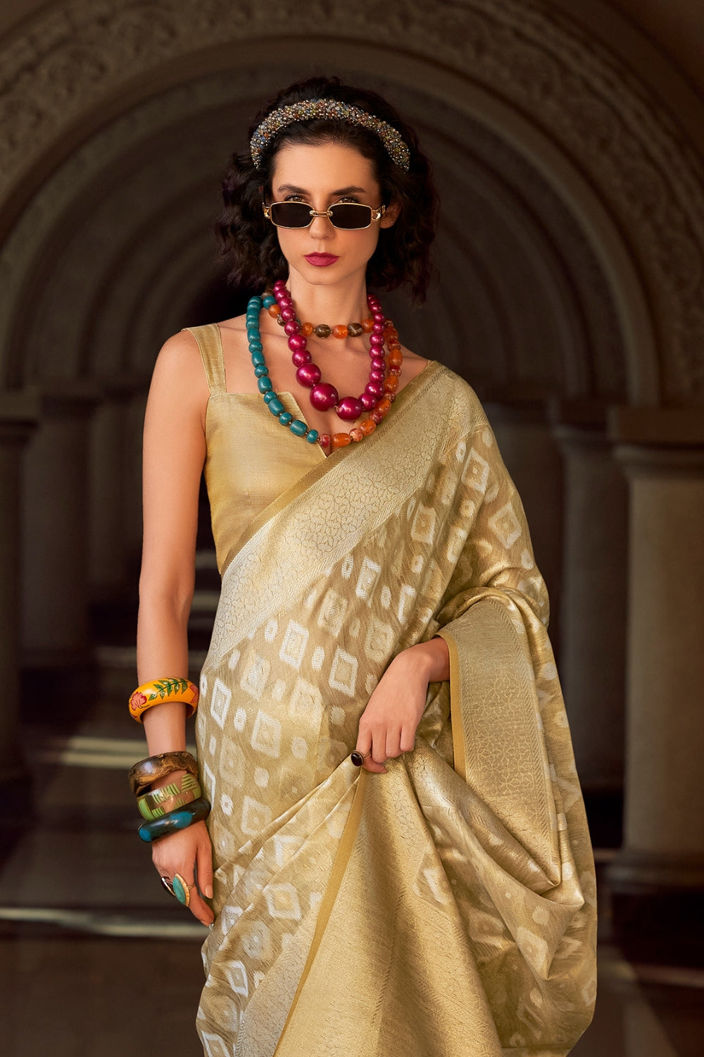 Beige Tissue Silk Saree