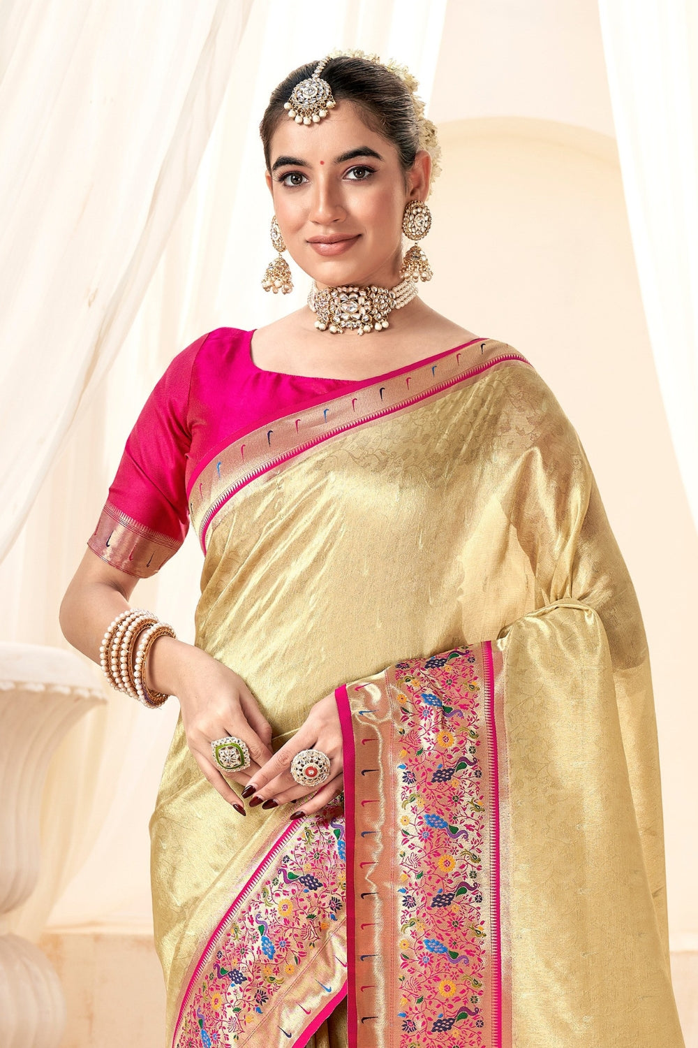 Bidge White Pure Paithani Tissue Silk Saree