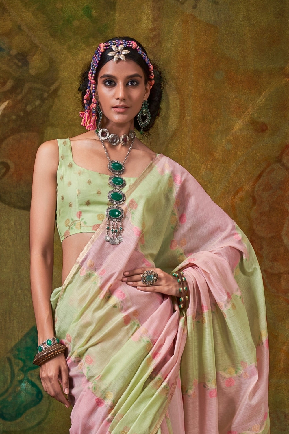 Pink & Yellow Handloom Weaving Saree