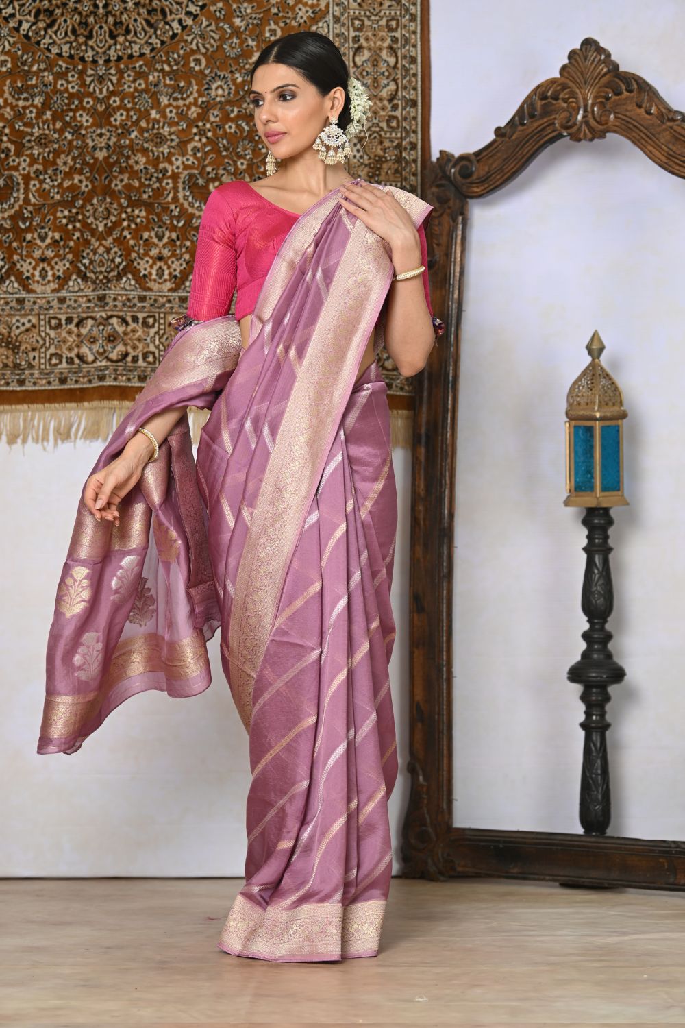Buy Purple Pashmina Silk Organza Saree With Blouse Piece Nitaraa